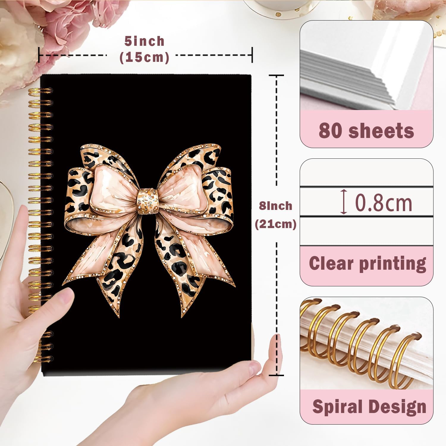 Lacama Cheetah Print Gifts, Bow leopard Work Notebook for Women, Christmas Gift, A5 160 Pages Black Preppy Hardcover Notebooks,Preppy School Stuff - Image 6
