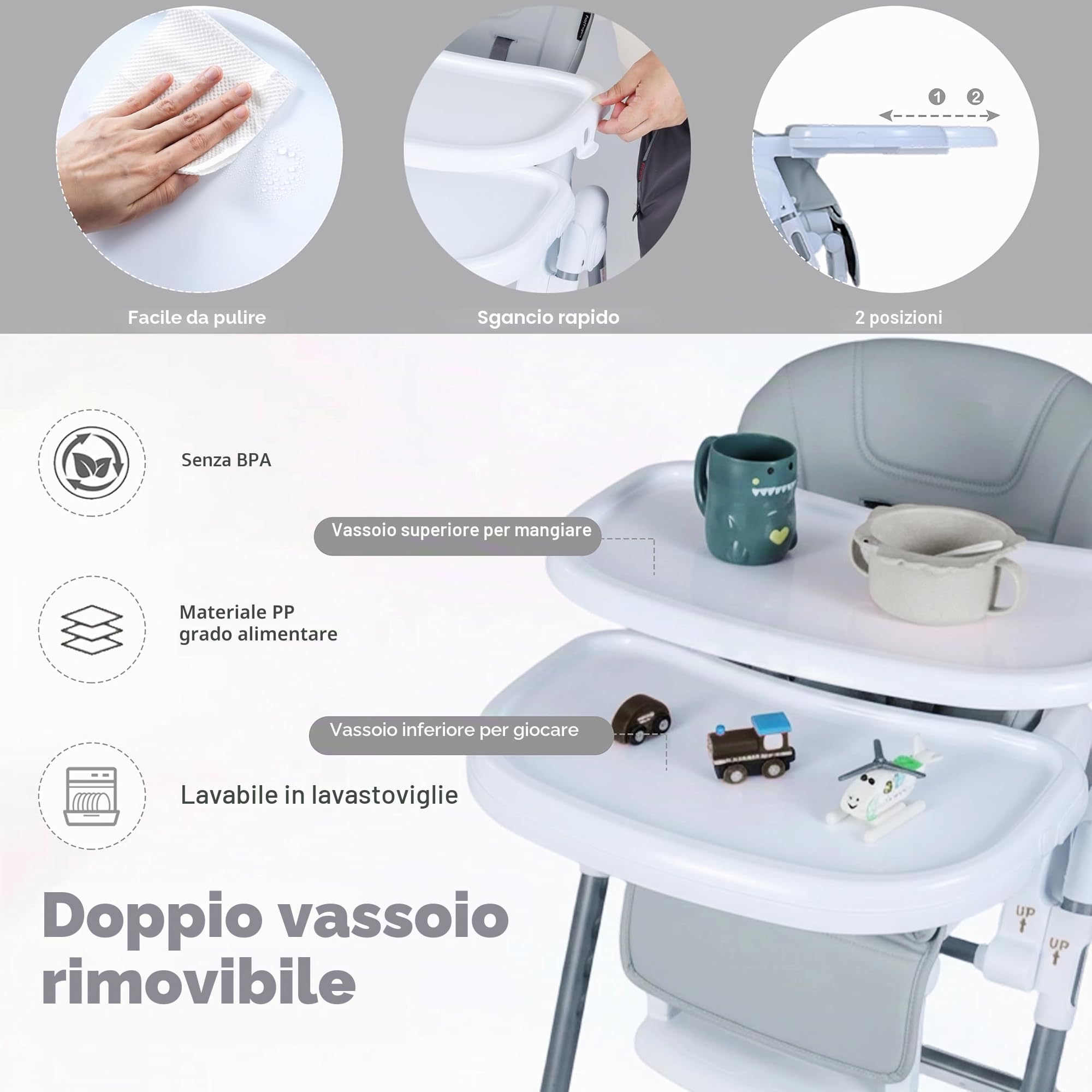 LIFEZEAL Seggiolone Pappa Evolutivo per Bambini 6-36 Mesi, Sedia, Sediolone, Altezza Regolabile, Pieghevole, Reclinabile, Cintura di Sicurezza, Pioggiapiedi, 2 Vassoi, Ruote, Giocattoli, Grigio Chiaro