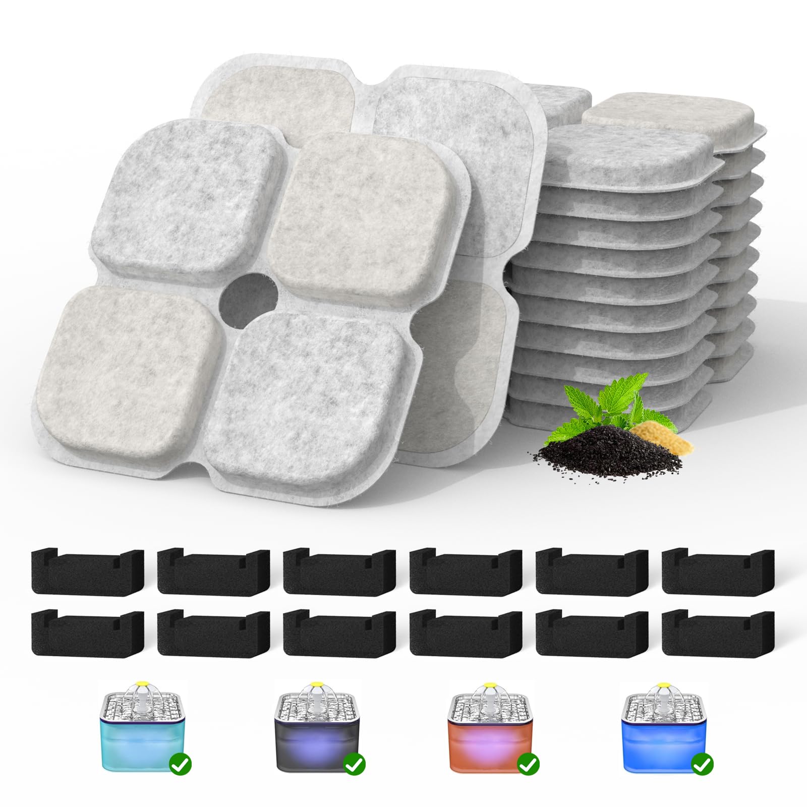 Cat Pet Water Fountain Filters, 12 Pack Replacement Filters Fit for 101oz/3L Crystal Cat Fountain, Triple Filtration System (12 Filters+12 Sponges)