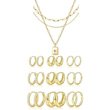 YEEZII 3 Pcs 14K Gold Plated Chain Necklace & 9 Pairs Gold Hoop Earrings Sets for Women Men