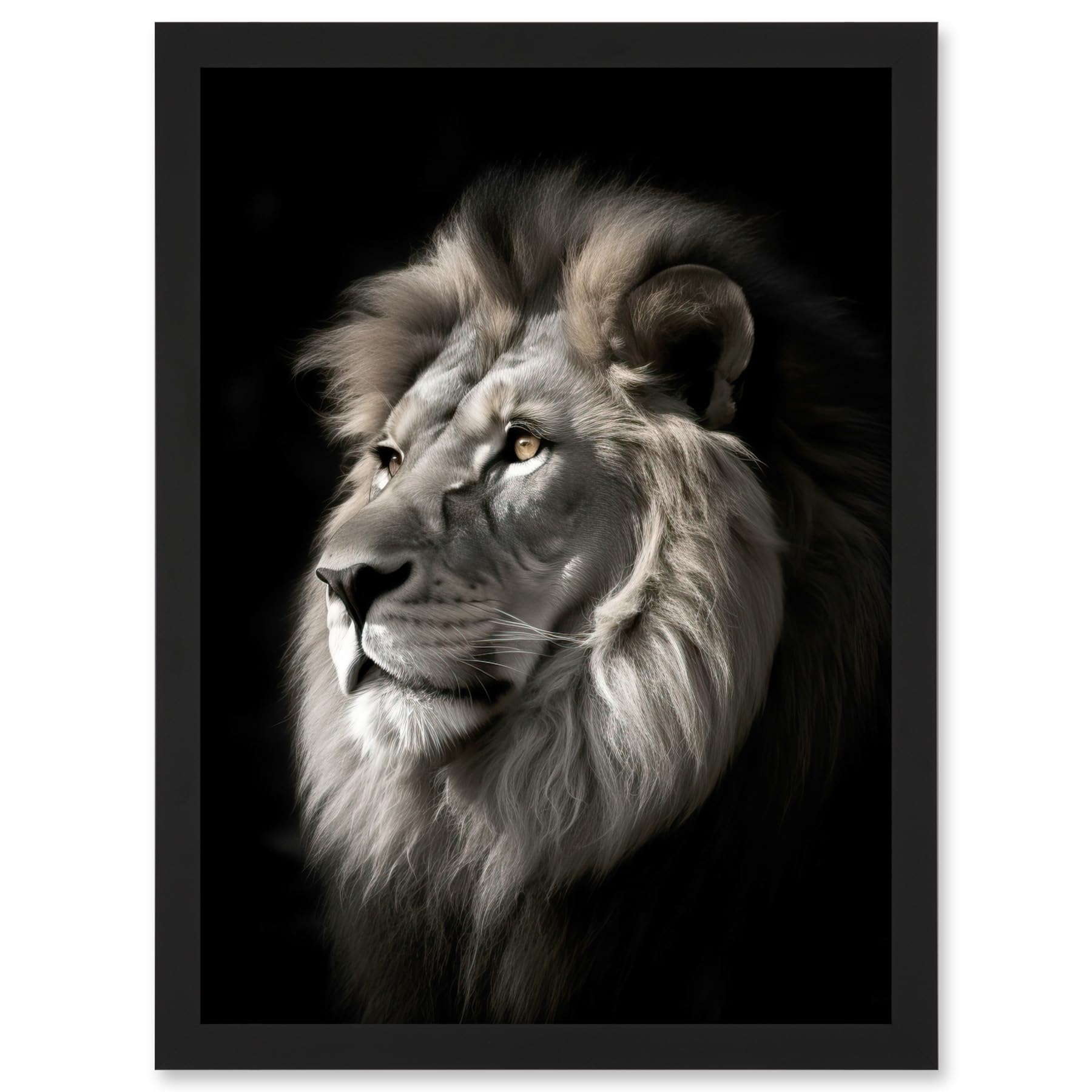 Artery8 Lion Head Portrait Dramatic Photograph Strong Leo Dark Atmospheric Light Artwork Framed A3 Wall Art Print