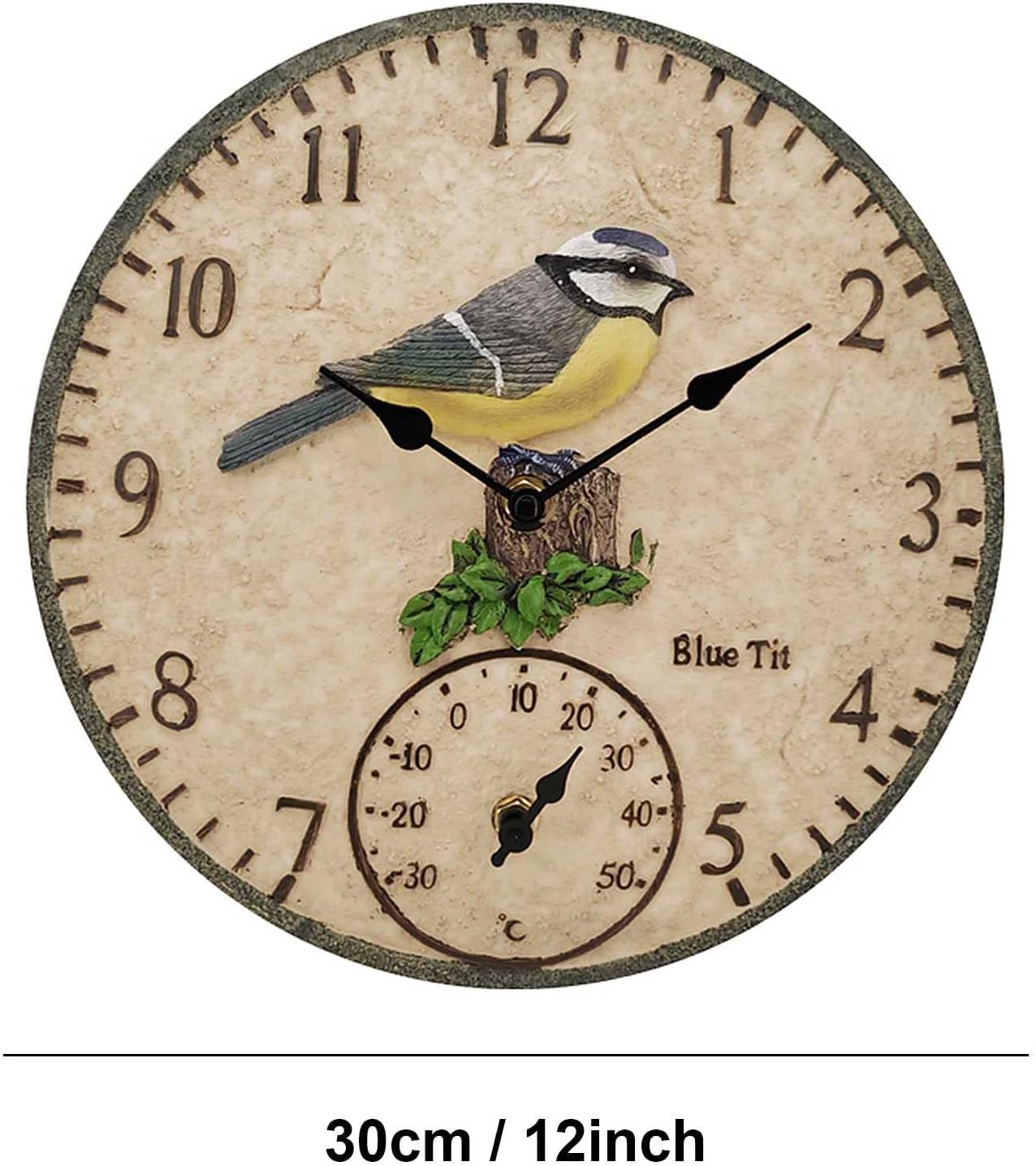 Indoor Outdoor Clock Blue Tit Garden Wall Clock, 12 Inch Large Waterproof Wall Clocks With Thermometer Battery Operated Retro Resin Bird Ornament Decorative Clock for Room Patio Pool Porch Fence
