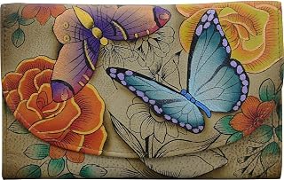 Women's Geniune Leather Hand Painted Large Three Fold Checkbook Clutch Wallet