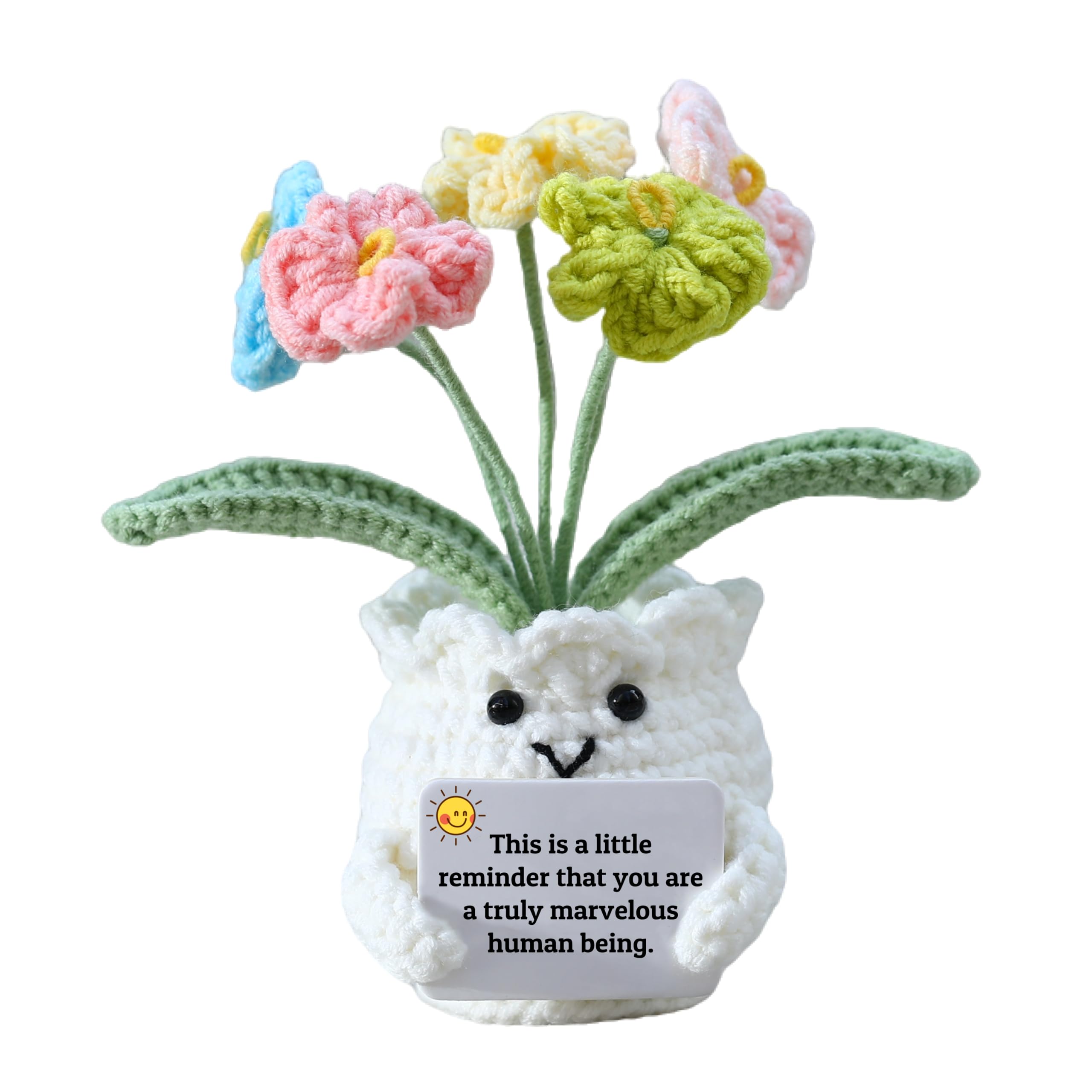 YOOJEE Forget-Me-Not Positive Crochet Flowers Plants Gift Handmade Desk Decor with Card “This is a Little Reminder” Appreciation Inspirational Gift for Coworkers Women Employee Teacher Best Friend Mom