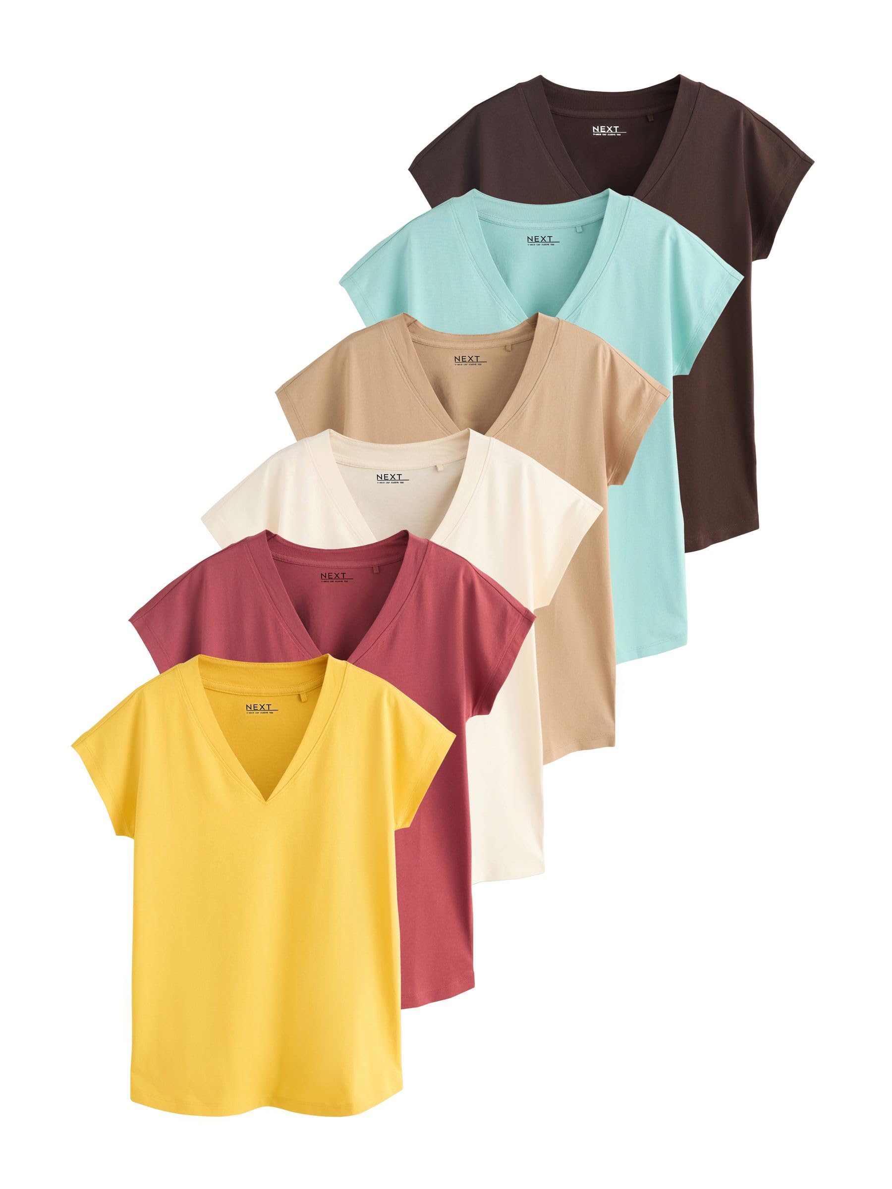 NEXT Femme T-Shirt à Mancherons et col V, Lot de 5 | Coupe standard, 100 % coton