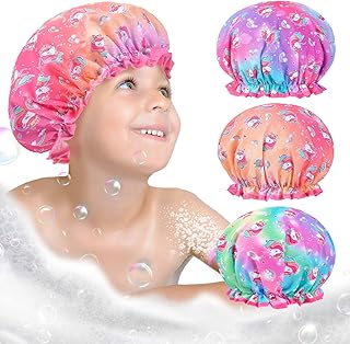 Olypegic Kids Shower Cap, 3 Pcs Girls Shower Cap for Kids Reusable Waterproof Adjustable Large Hair Cap Unicorn Mermaid Rainbow Cute Hair Cover Hat