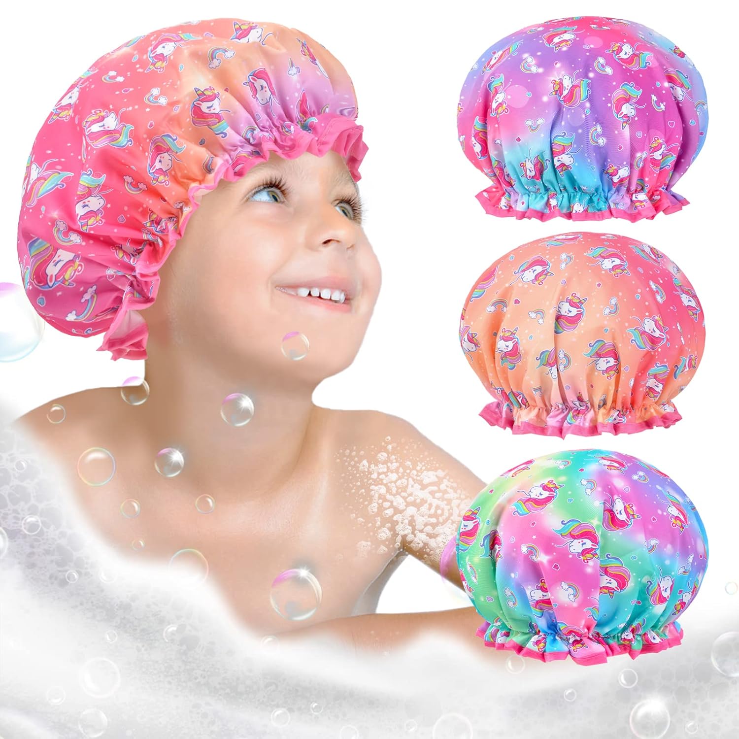 Olypegic Kids Shower Cap, 3 Pcs Girls Shower Cap for Kids Reusable Waterproof Adjustable Large Hair Cap Unicorn Mermaid Rainbow Cute Hair Cover Hat