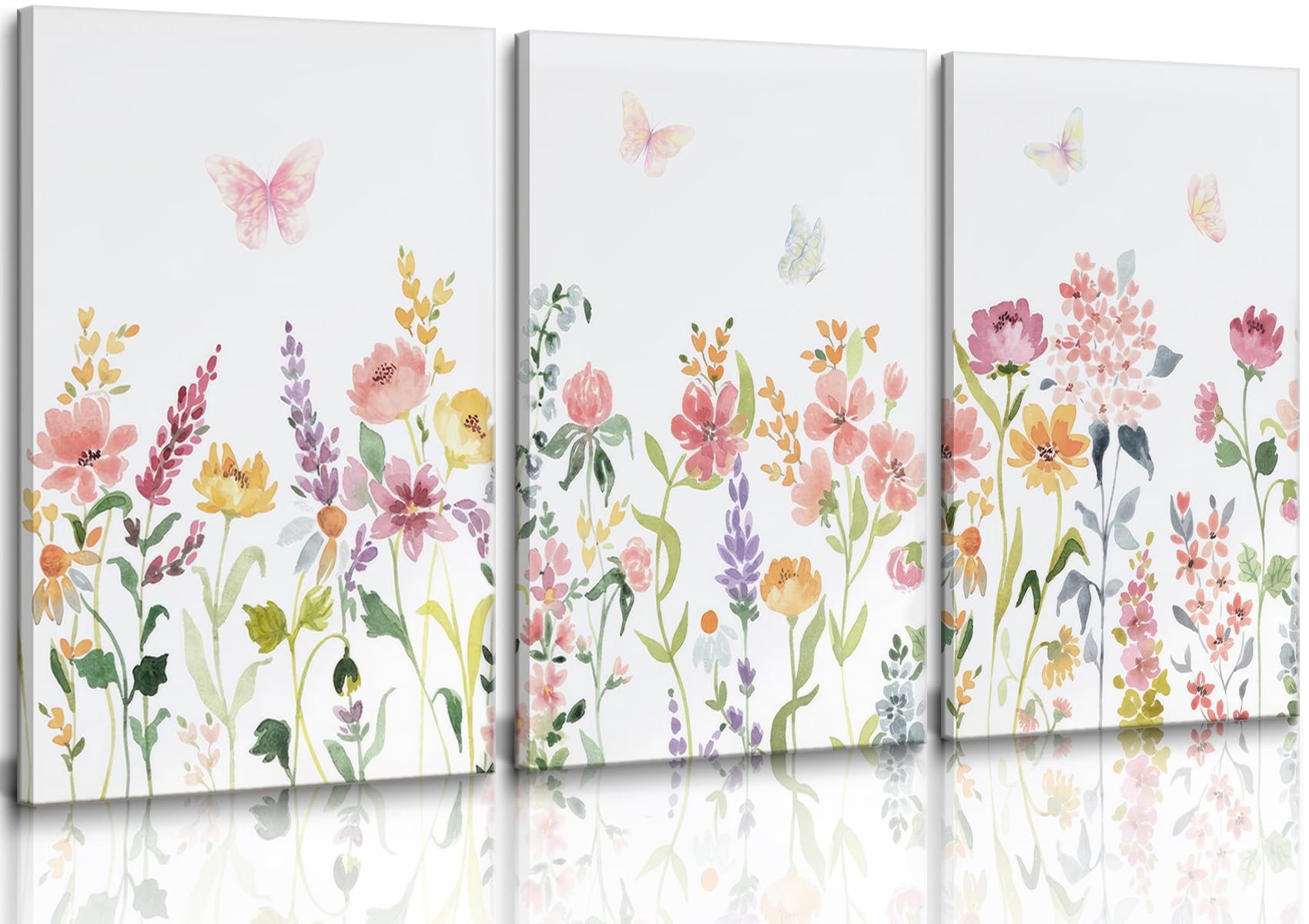 3pcs framed watercolors flower canvas wall art colorful nature floral wall decor pink yellow wildflower poster prints pictures farmhouse botanical artwork ready to hang for living room bathroom
