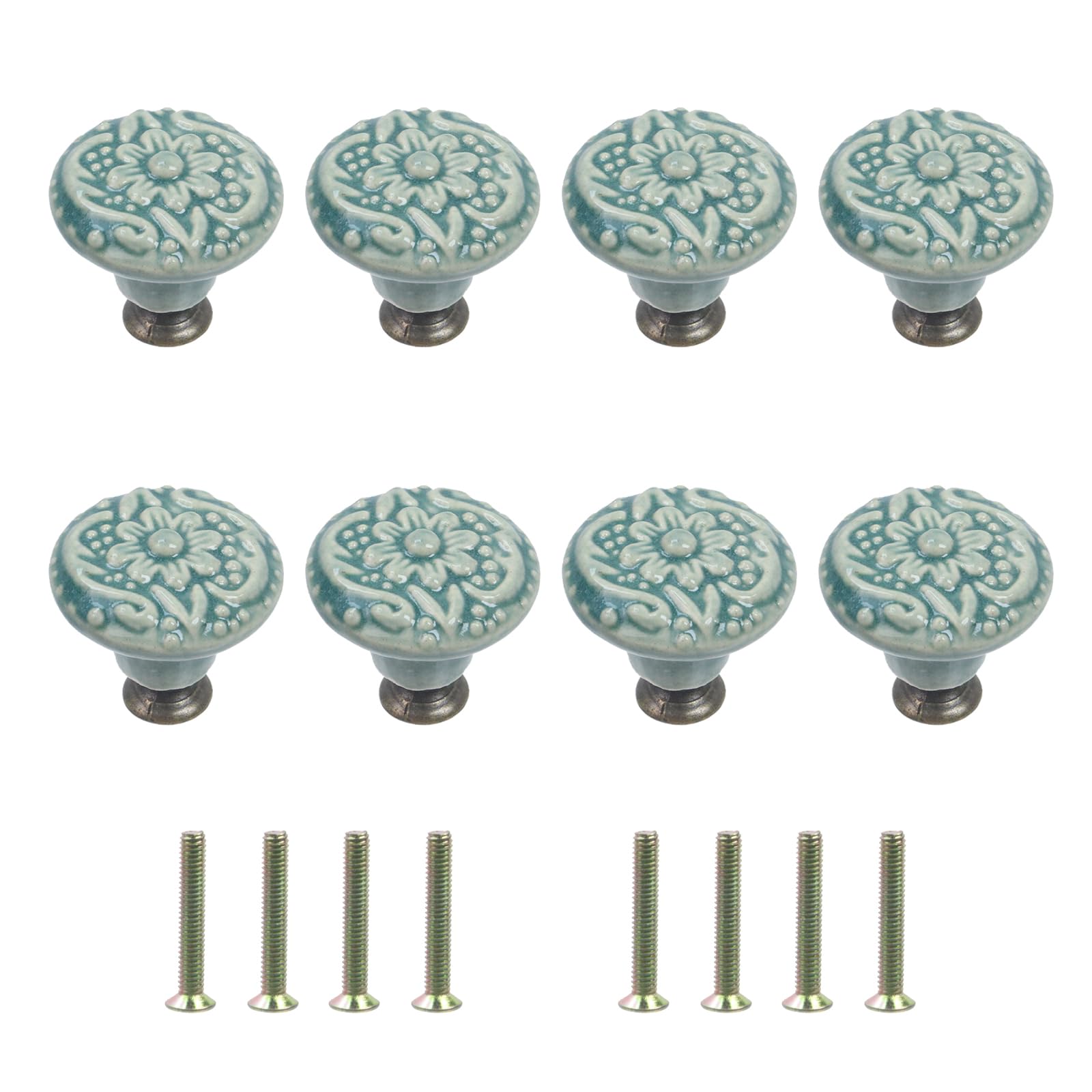 Geesatis 8 Pcs Round Ceramic Drawer Knobs Cabinet Furniture Handle Vintage Flower Pattern Knobs, with Mounting Screws, Green
