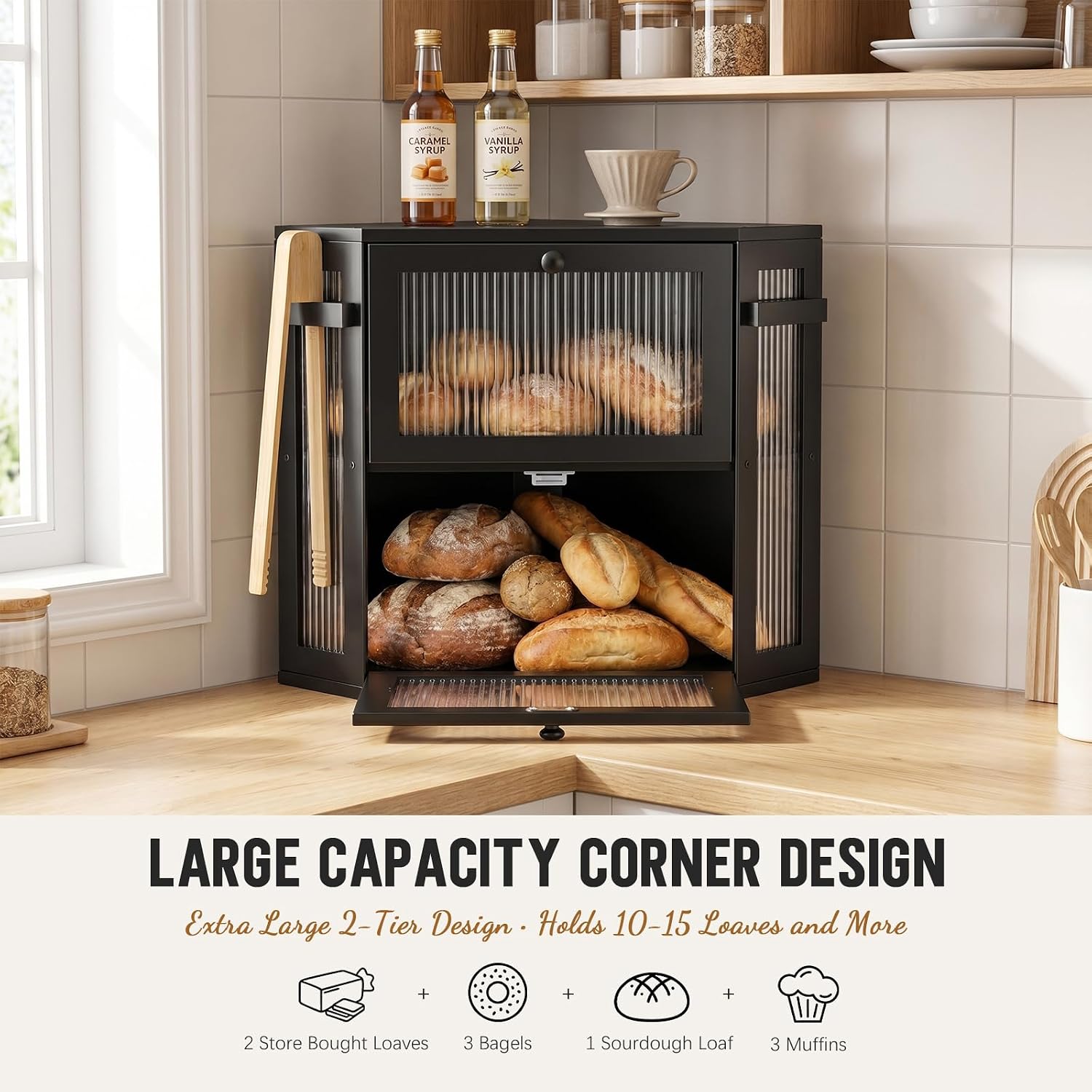 Black Corner Bread Box for Kitchen Countertop, Extra Large Bamboo Storage Breadbox with Bread Tong, 2 Tier Modern Bread Bin Container for Homemade Bread with Ribbed Acrylic Door Panel