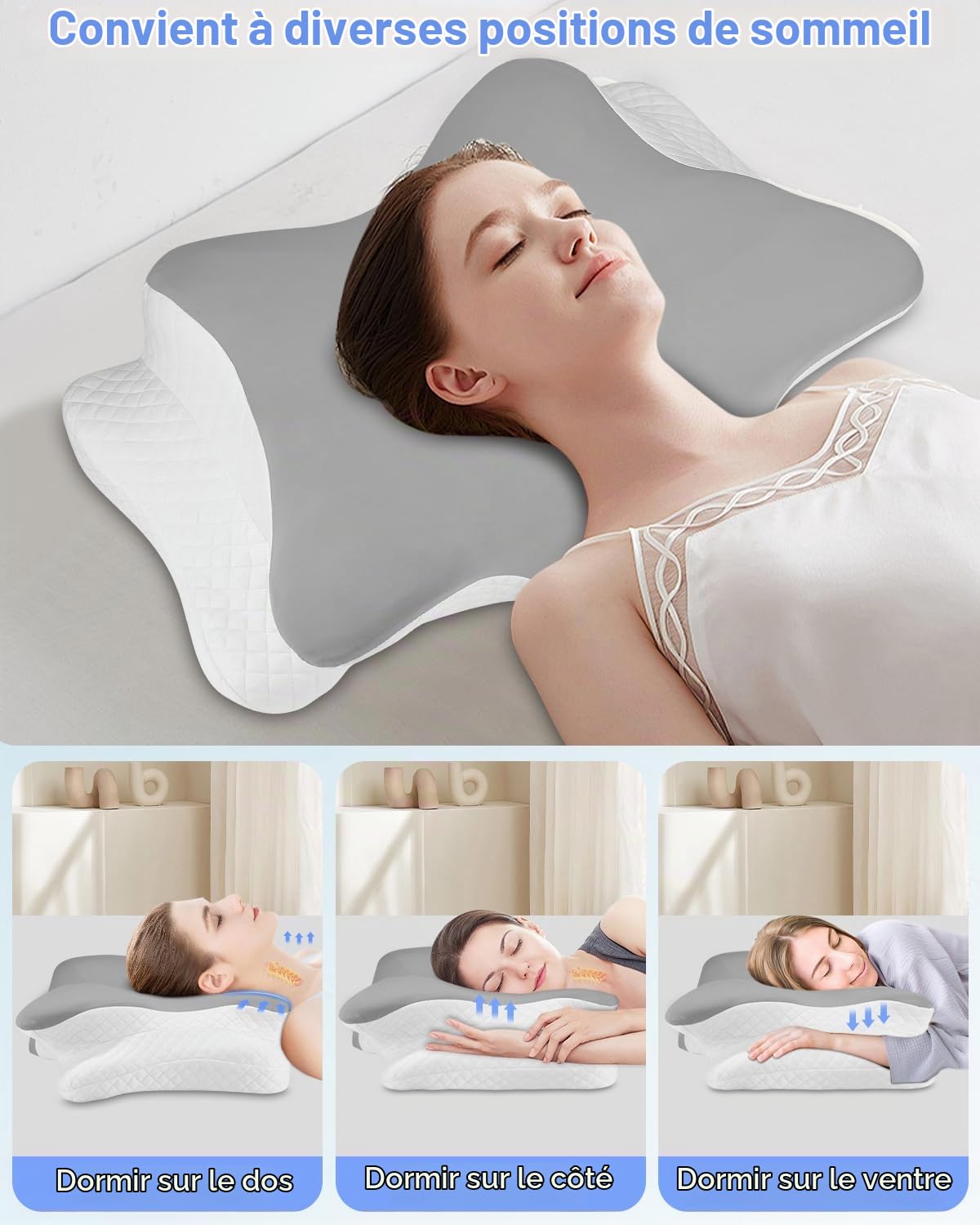 Oreiller Ergonomique Cervical, 3 en 1 Oreiller Memoire Forme, Oreiller Cervical, Coussin Ergonomique pour Les Dormeurs sur Le côté, Le Dos et Le Ventre, Coussin Memoire Forme, 65 x 40 x 10/12cm