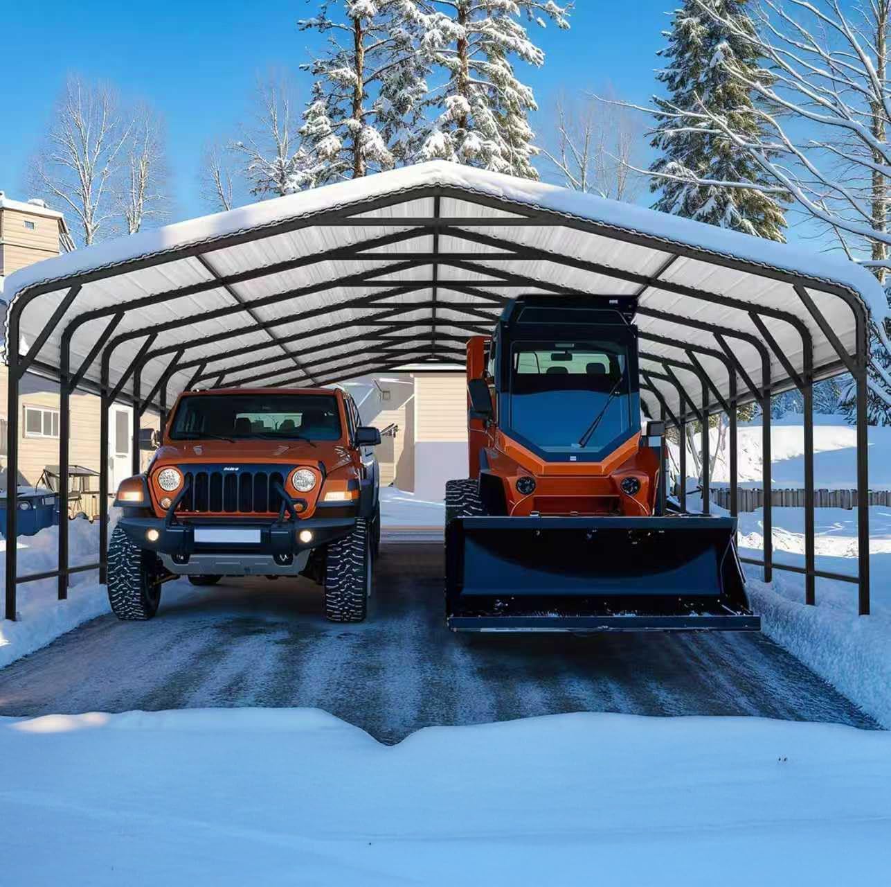 AirWire carport with snow on the roof, sheltering a Jeep and a small tractor.