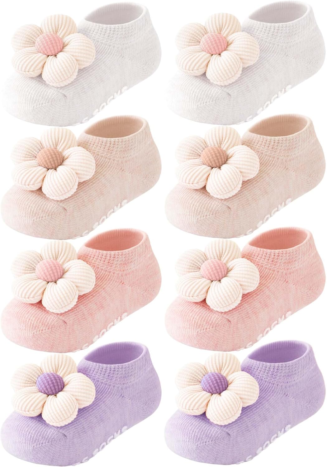 Konssy 4 Packs Child Woman Socks with Cute Flower, Anti Non-Slip Gentle Co…