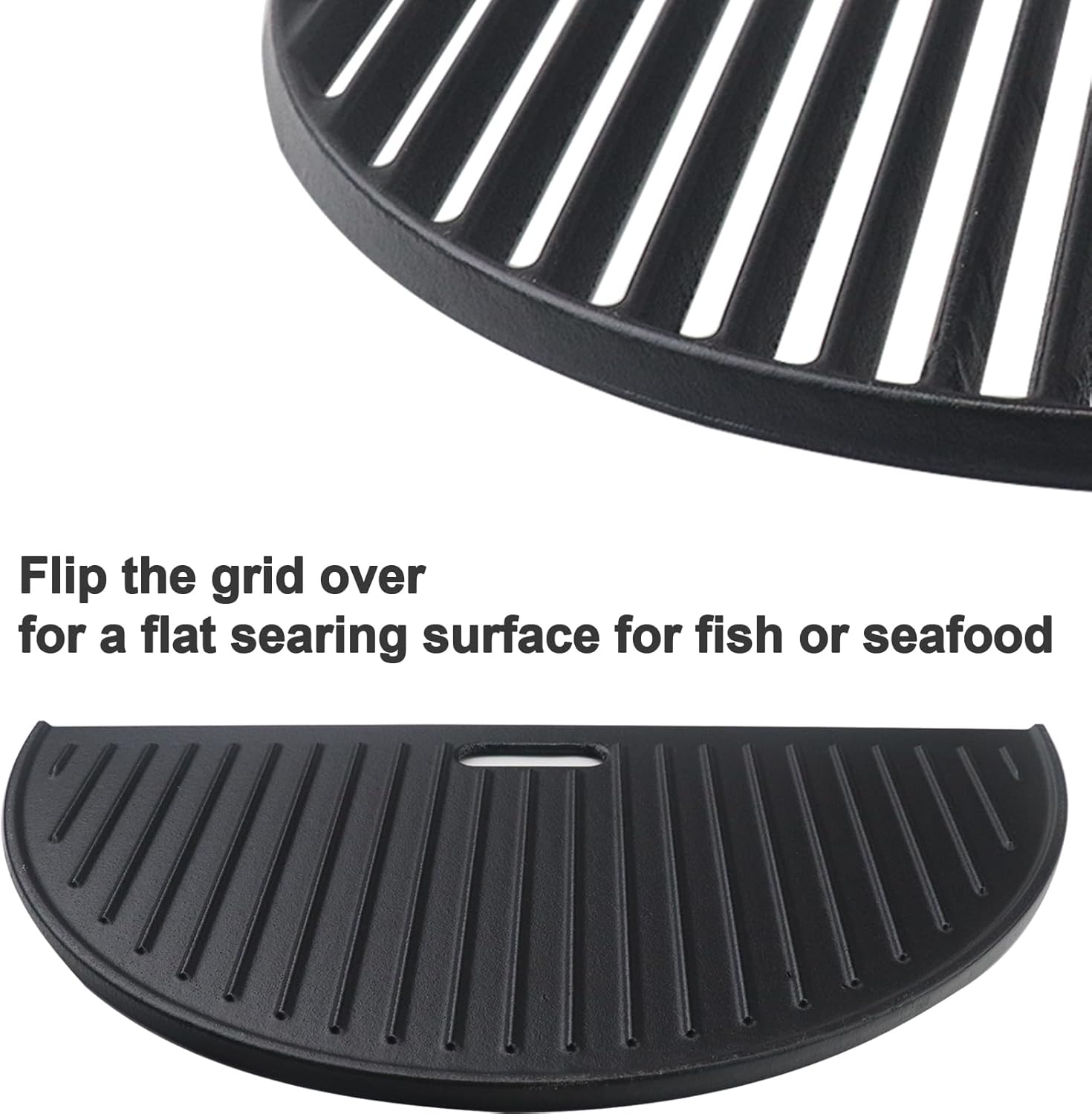 18" Half Moon Cooking Grate and Half Moon Reversible Griddle Replacement for Kamado Joe Classic III II I, Large Big Green Egg Kamado, Cast Iron Grid Grate for Weber Kettle 18" Charcoal Part