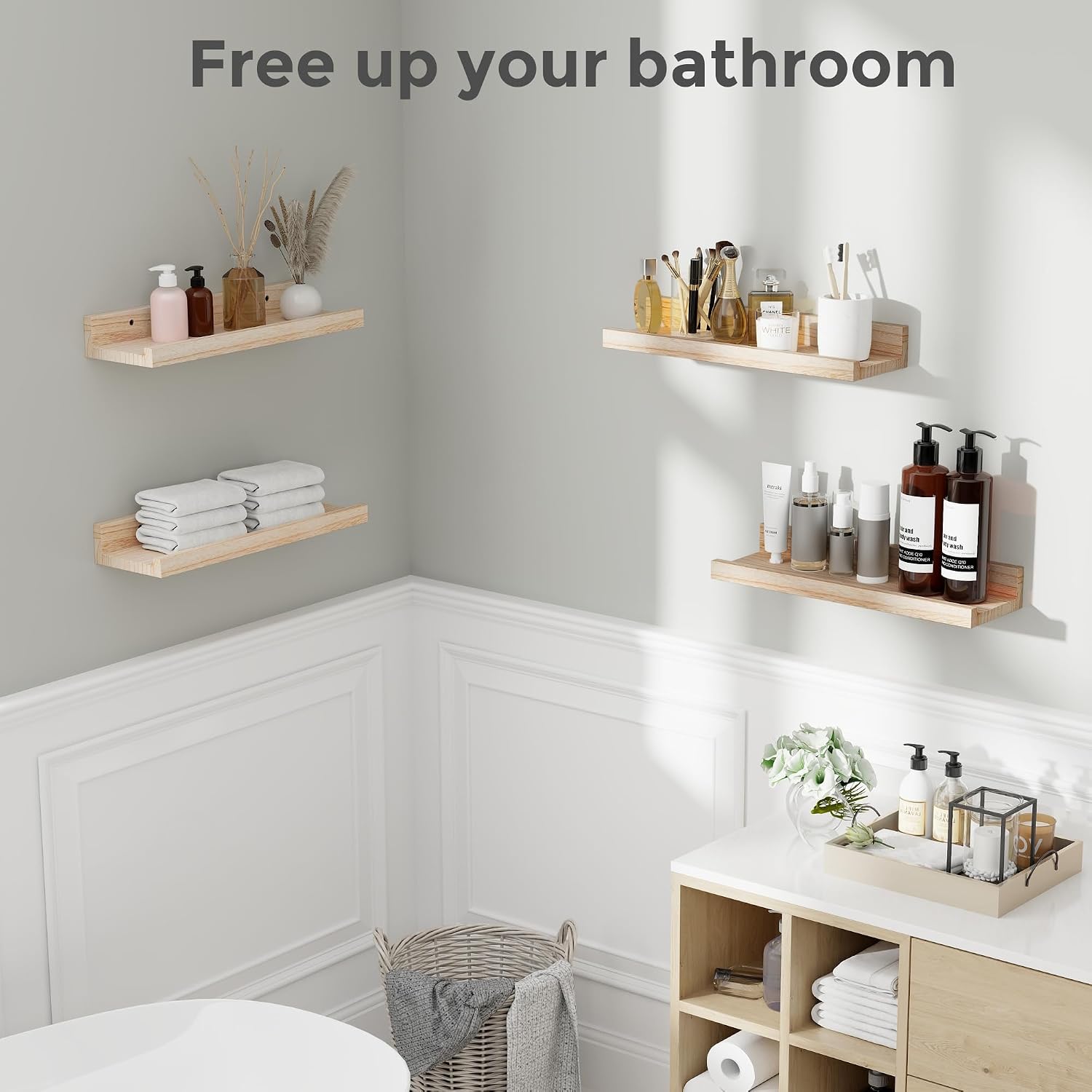 Fun Memories Picture Ledge Wall Shelves 16 Inch, Set of 4, Solid Wood Floating Shelves for Nursery Books, Rustic Floating Wall Shelf with Lip for Bedroom Bathroom Living Room Office