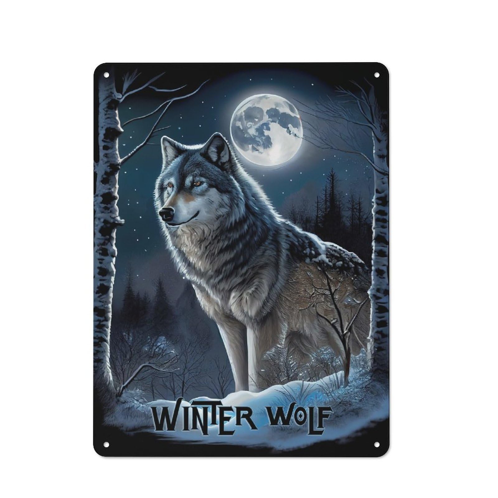 Junmoney Winter Wolf Oil Paint Tin Wall Plaque 40X30cm, Rustic Farmhouse Wall Decor For Dining Room, Cafe, Entryway Or Family Room