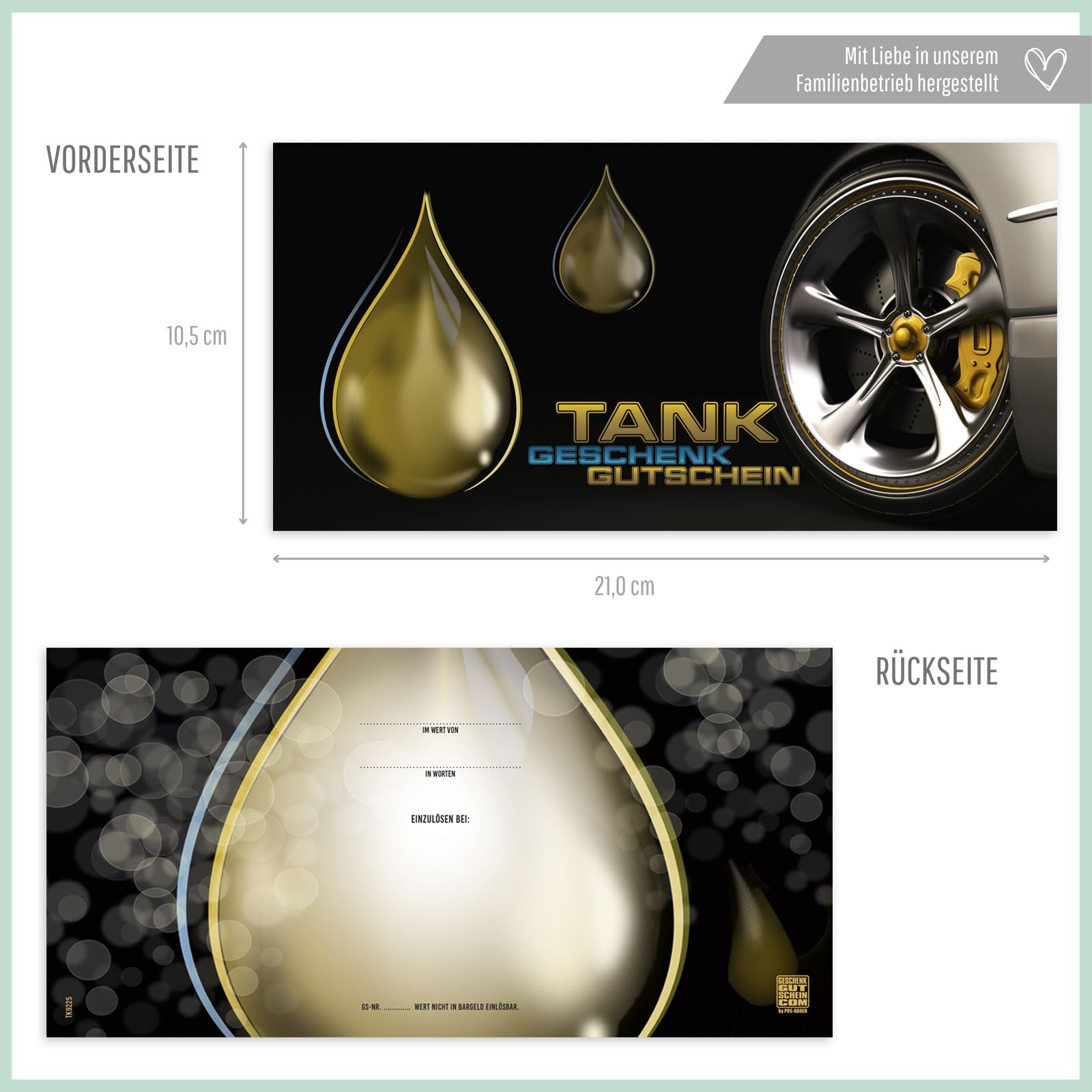 100 hochwertige Gutscheinkarten + 100 Kuverts DIN-Lang. Gutscheine für Tankstellen. Tankgutschein. Vorderseite hochglänzend. TK9225