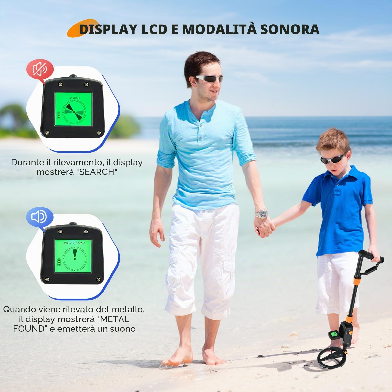 Metal Detector Bambini, Metal Detector per Bambini con Display LCD e Indicazione SUONO,ad alta Precisione con Bobina di Ricerca Impermeabile IP68, per Bambini o Principianti(Con Accessori)