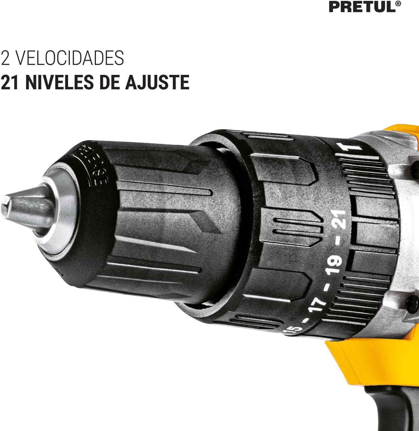 Close-up of the Pretul ROTI-20P2K chuck and torque adjustment ring