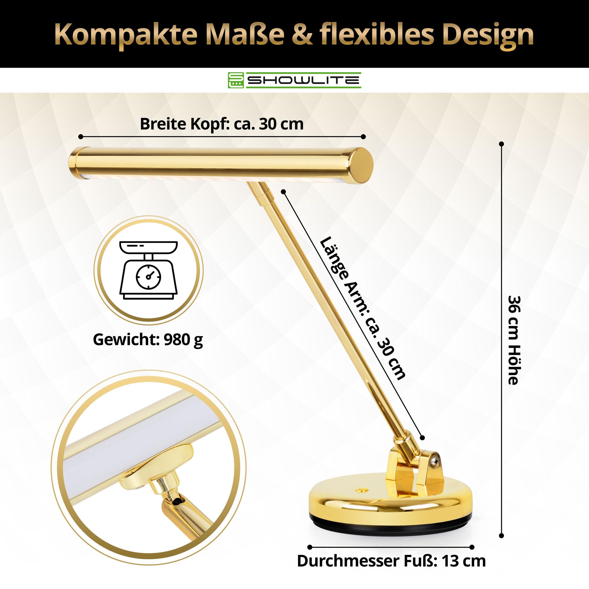 Showlite PL-1-GD-WW Lampada LED per Pianoforte - Lampada per Pianoforte con 15 LED - luce warm white a 2 livelli - altezza 36 cm - alimentazione via USB, rete o batteria - oro lucido
