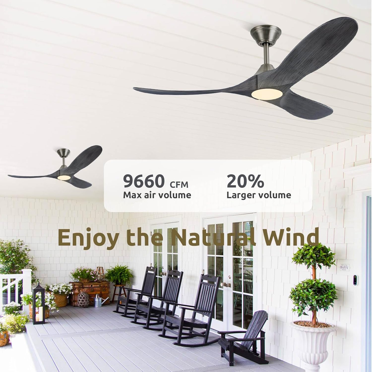 Condition photo showing New/Like New for 60 inch gray wood ceiling fans with lights, smart control-remote/alexa/tuya app, outdoor ceiling fan for patio with reversible dc motor, modern farmhouse ceiling fan for office exterior porch gray nickel 60 inch