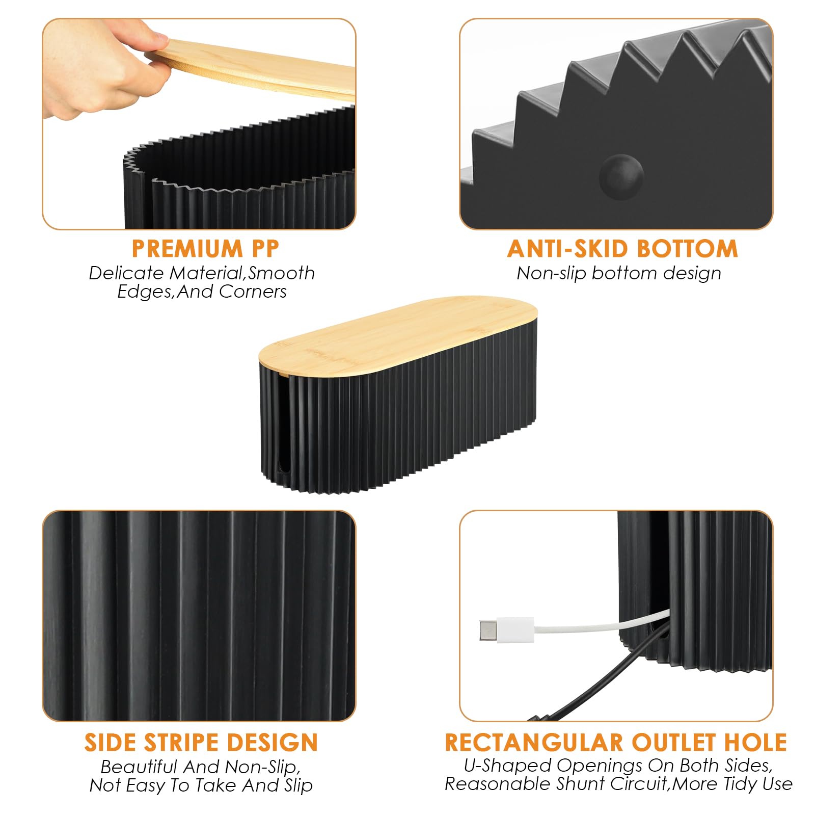 Voency Cable tidy box,Cables management box with Bamboo Lid Cables Organised Box for Storage Organising Management Desk TV Computer USB Hub Strips Cords Cables Organised Box Black - Image 3