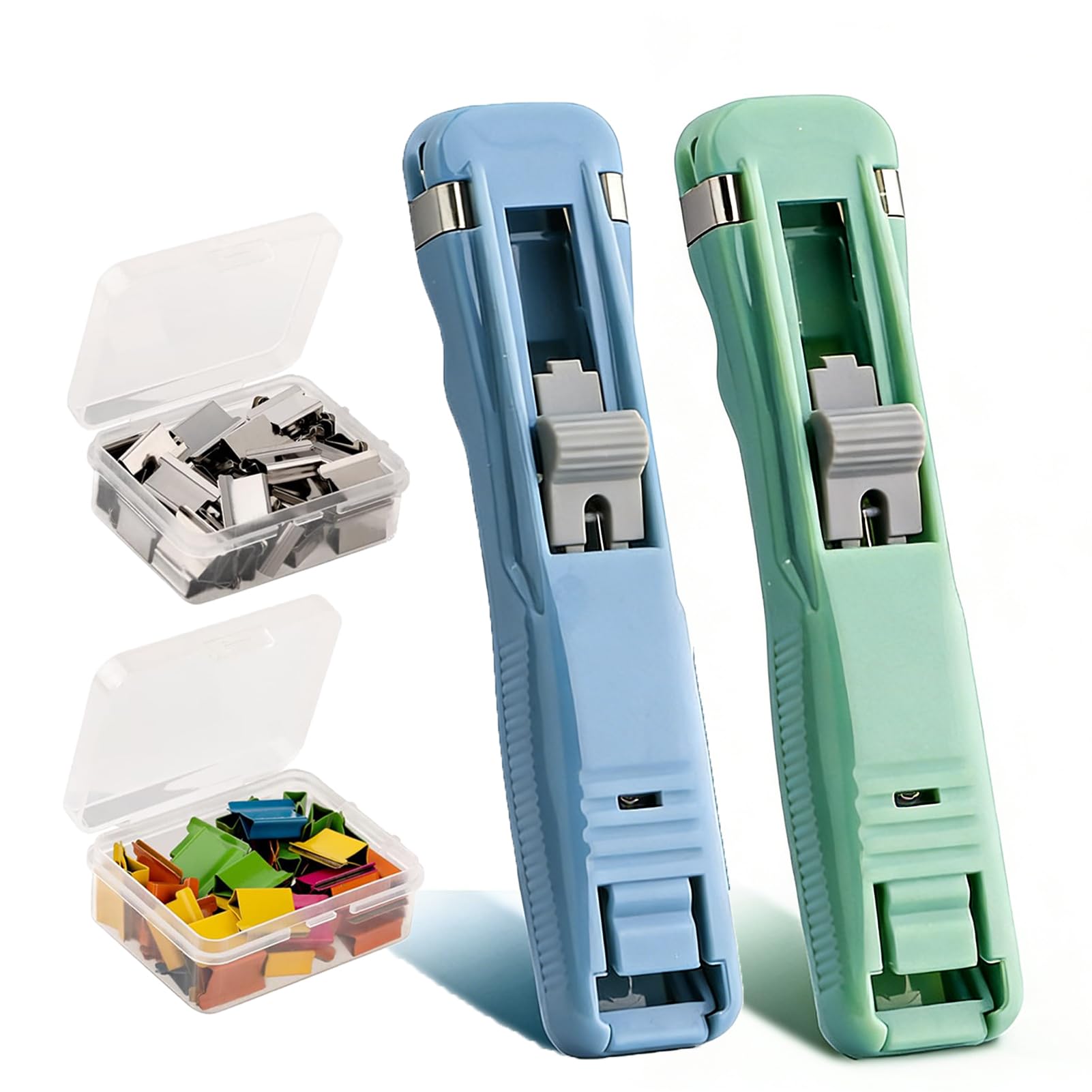 2Pcs Portable Binder Clip Stapler - Includes 100 Reusable Clips, Handheld Push Clip Stapler Dispenser, Reusable Creative Clips for Desktop Document Home School Office (2pcs-F)