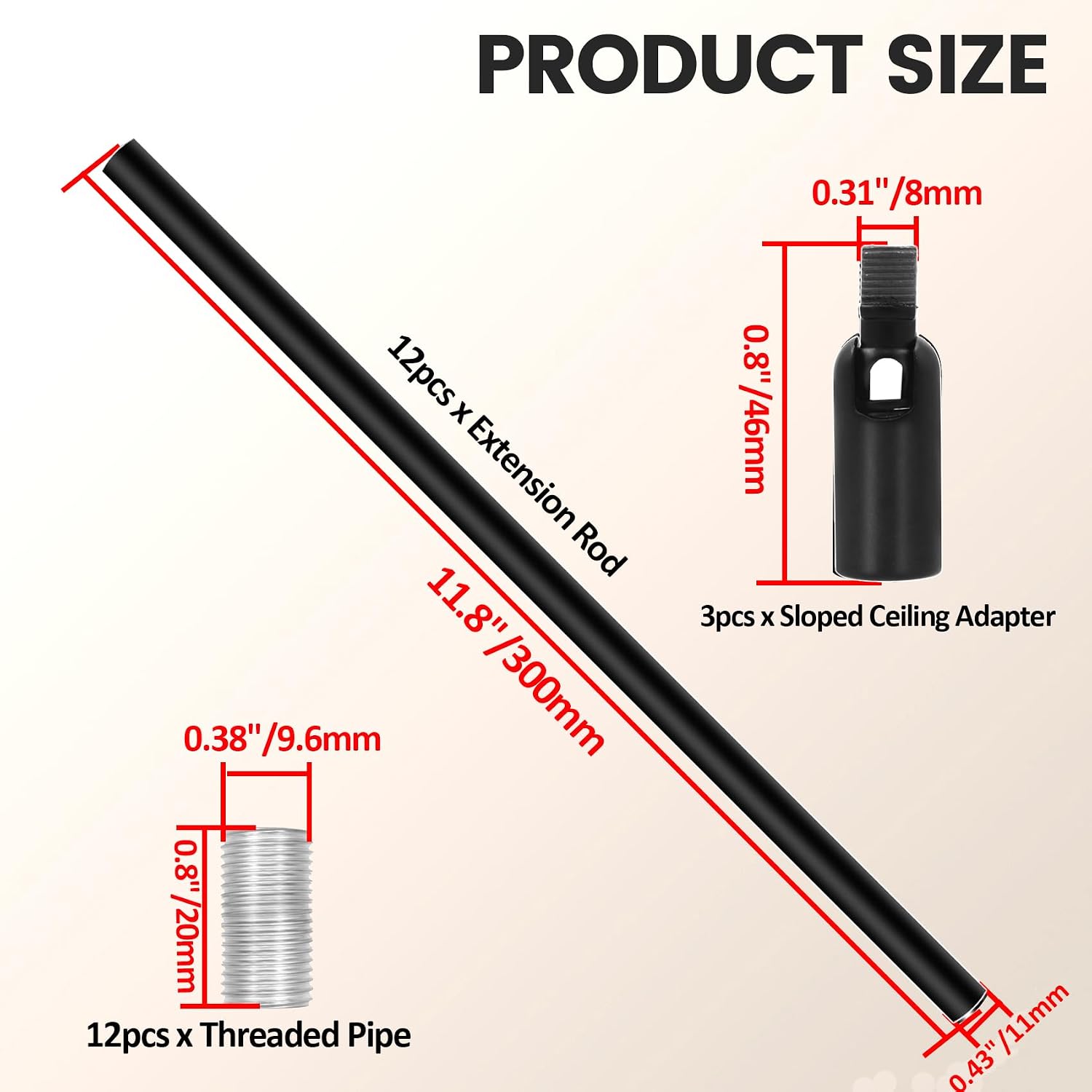 Antrader M10 Threaded Extension Rod 12pcs Lighting Fixture Stems with 3pcs 180 Degree Sloped Ceiling Adapters for Light Fixture Parts Replacement 12-inch Length Polished Black