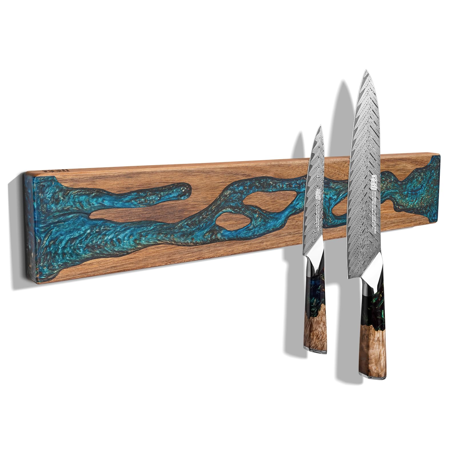 FINDKING Magnetic Knife Strip for Wall, Solid Acacia Wood with Mineral Blue Resin Inlay, Wall-Mounted Knife Holder with Strong Magnetic Hold, No-Drill Adhesive Mount (18 Inch)