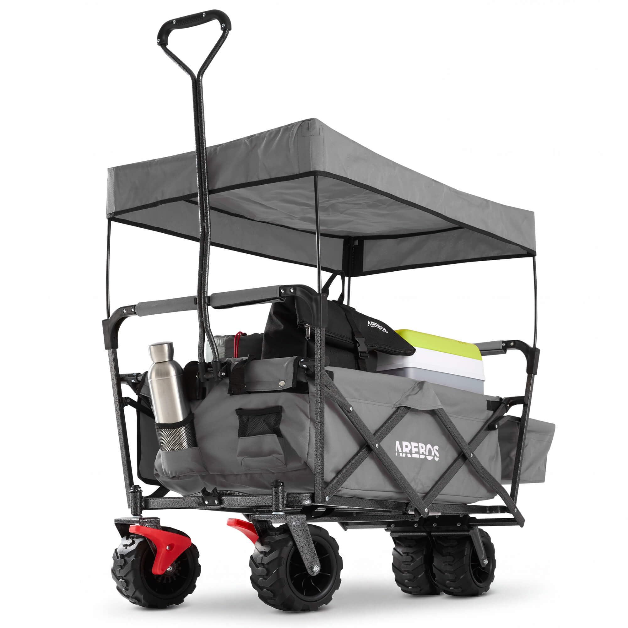 Arebos Carro de Mano con Techo | Carro Plegable | Carretilla Jardin | Carro Playa | 2X Bolsillos de Malla y 1x Bolsillo Exterior | Neumáticos de Goma Maciza | 100 kg | Gris