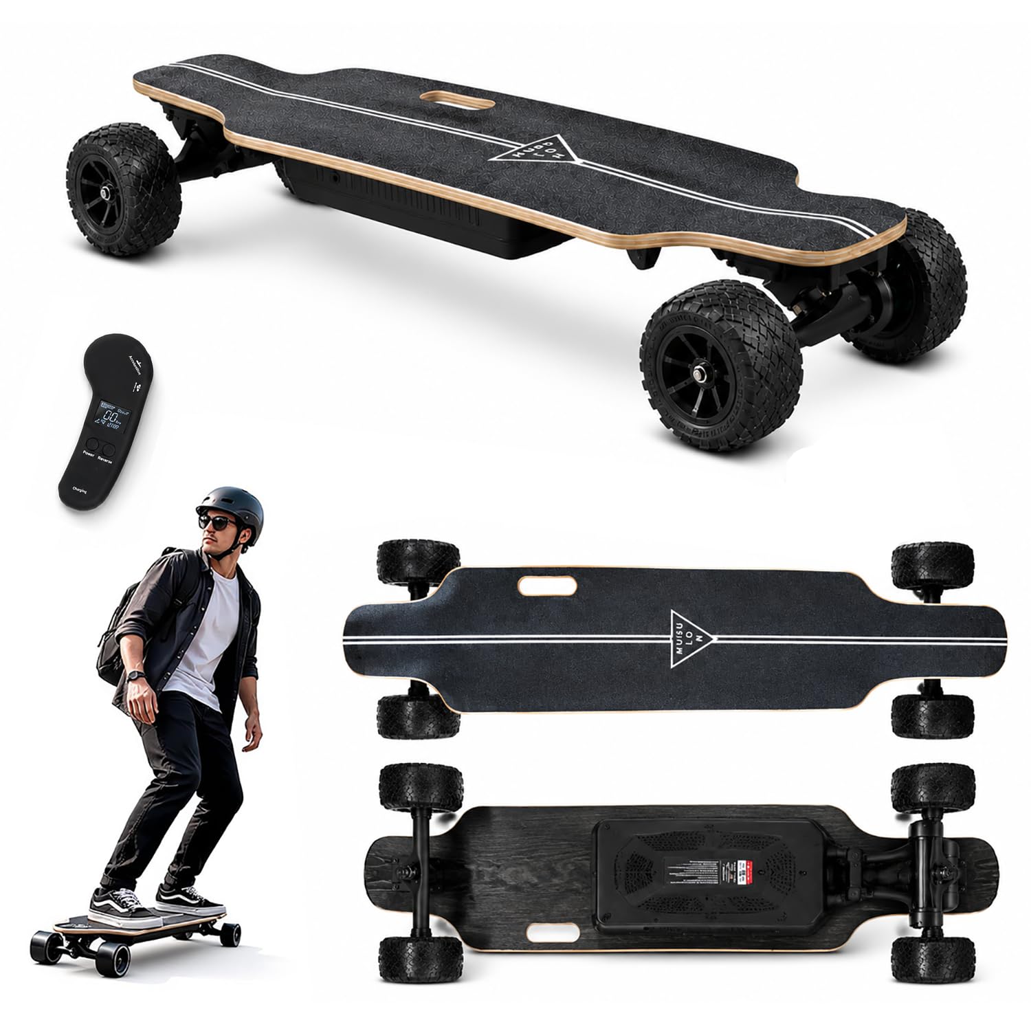 Longboard Électrique Adulte, Skateboard Électrique Grandes Roues 105 mm avec Double Entraînement, Télécommande LCD, 4 Modes, 4 Niveaux de Freinage, Plateau Érable 83 x 21 cm, Charge 150 kg