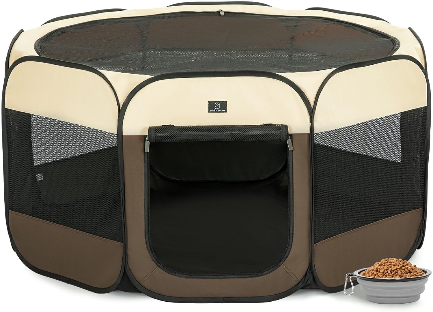 A4Pet Portable Foldable Pet Playpen, Dog Playpen Indoor/Outdoor - Ideal for Dogs, Cats, Rabbits - Removable Zipper & Collapsible Travel Bowl Large (49"x49"x24") Brown+Beige