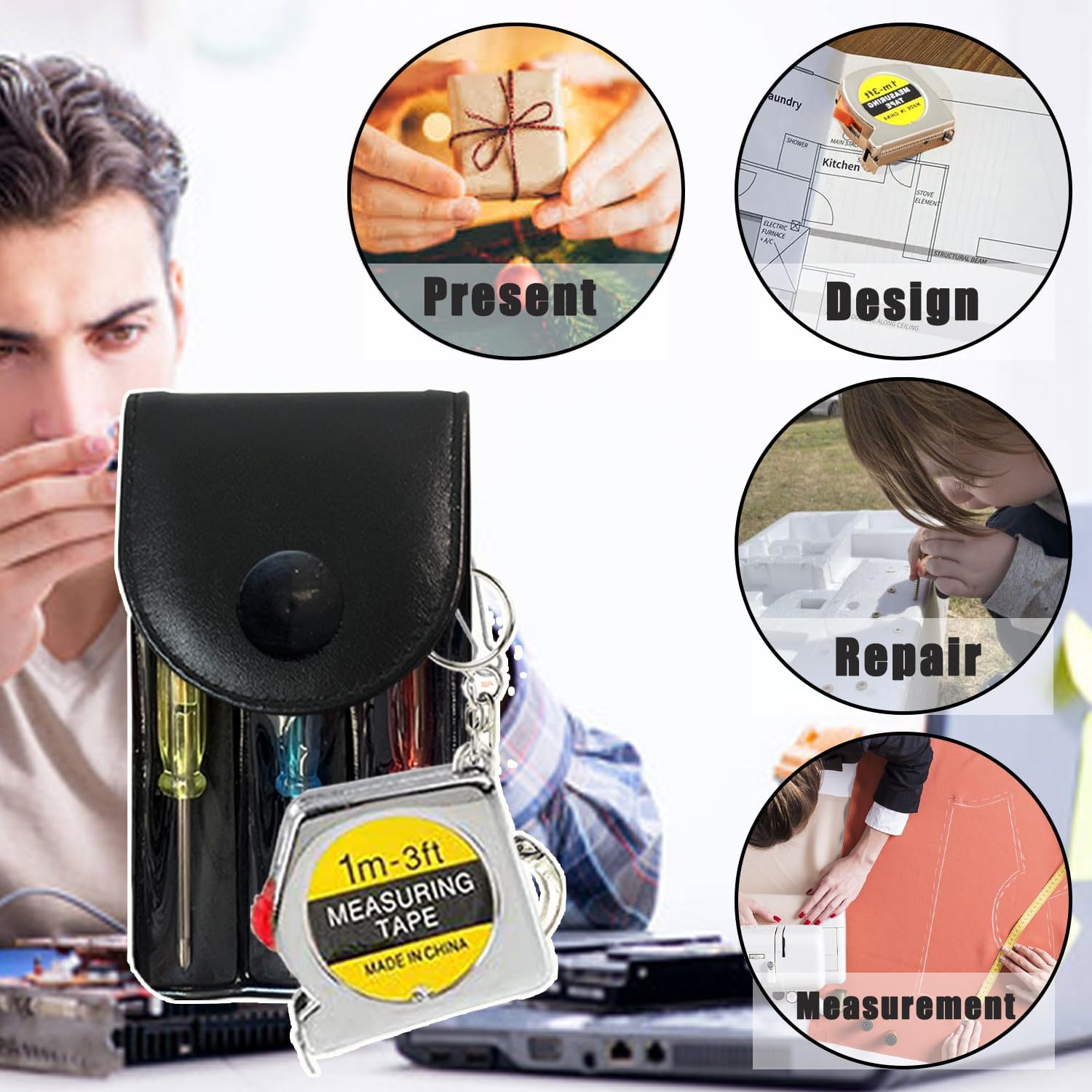 Mini Screwdriver Keychain Tape Measure Keychains Set Retractable Keychain Tape Measure Mini Screwdrivers in Pouch Keychain for Birthday Party Favors and Daily Use, 1 m/ 3 ft (24 Pcs)