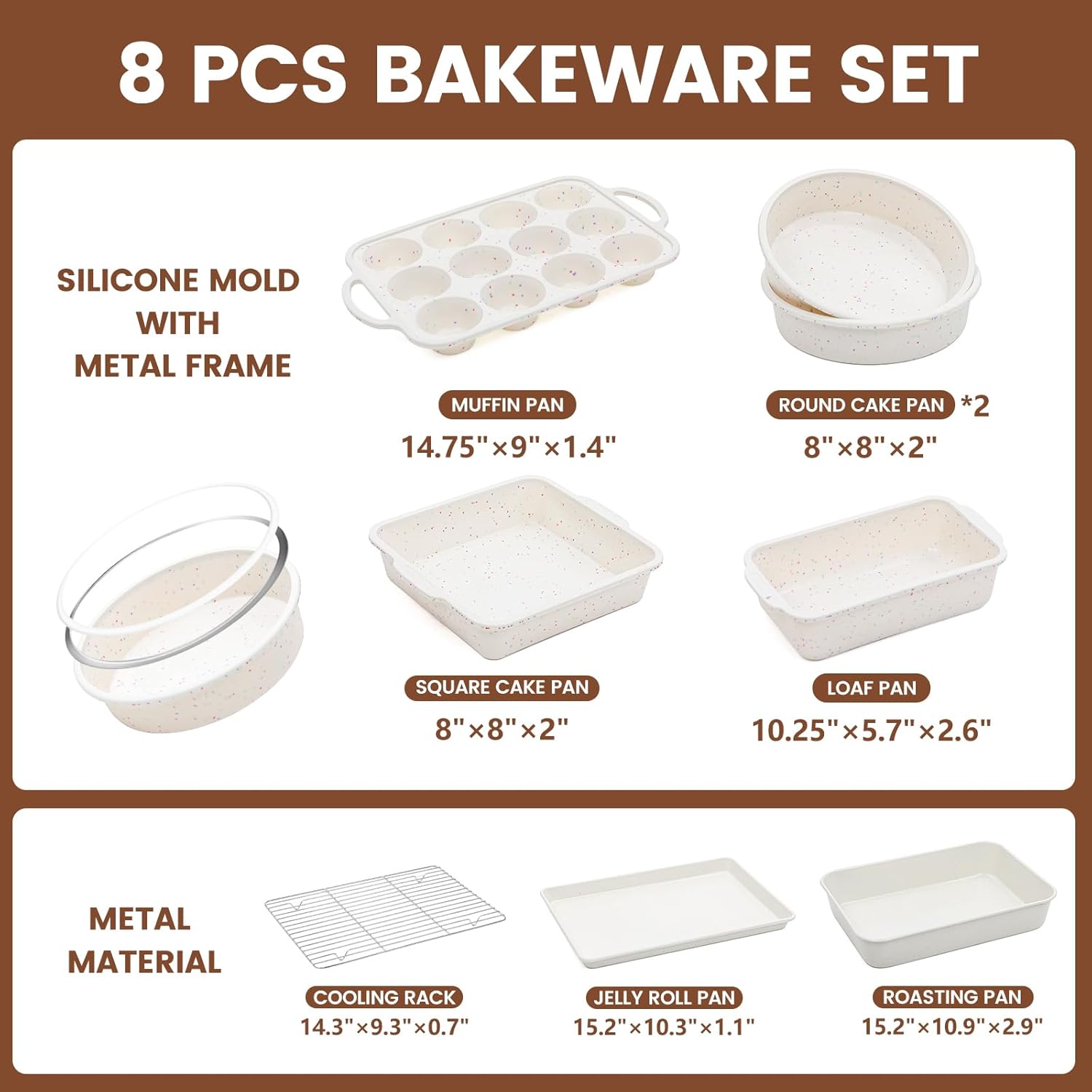 Vinino 8-Piece Baking Pans Set Nonstick, Bakeware Set includes Silicone Muffin, Loaf, Cake Pans with Metal Reinforced Frame, and Carbon Steel Roasting Pan, Cookie Sheet, Cooling rack for Oven-Cream