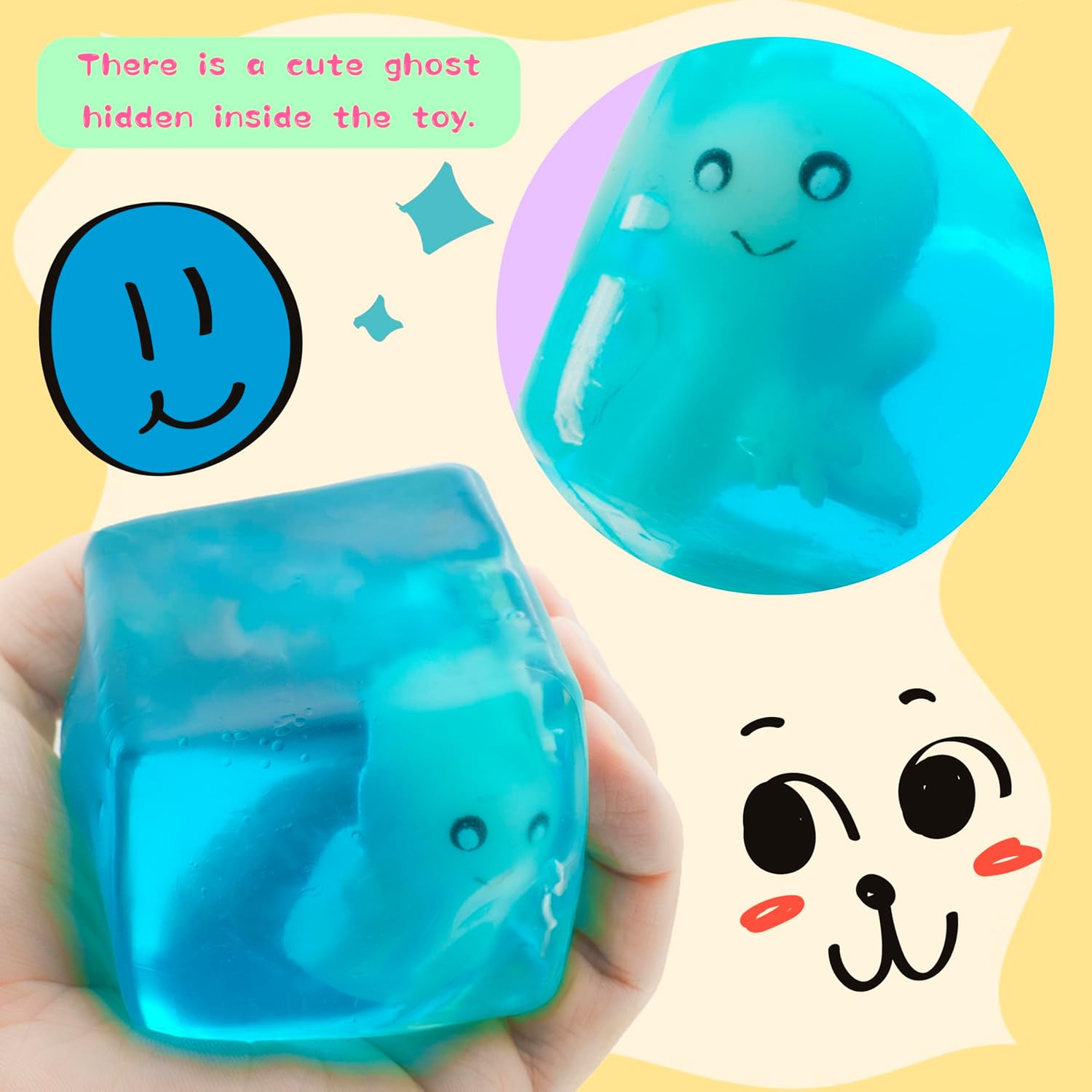 Spooky Squishy Toy - Glow in The Dark - Squishy Stress Cube Toy Cube with Ghost & Snowflake, Ideal Stress Relief Present for Kids & Adults, Gifts for Halloween and Christmas