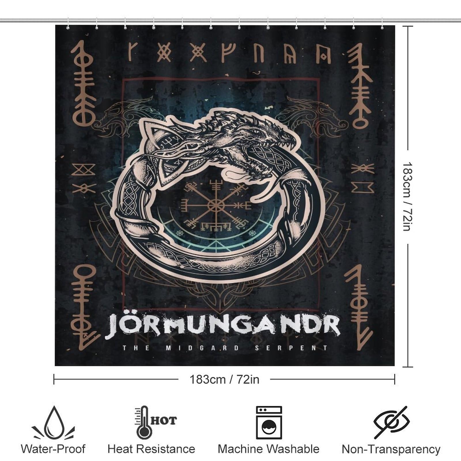 LDZDGD 4PCS Norse Viking Shower Curtain Set, Celtic Pagan Bathroom Art Decor, Waterproof Shower Curtain, Non-Slip Rugs, Toilet Lid Cover and Bath Mat (Color : Valkyrie, Size : 183 x 183CM): Jormungandr 28.3"W x 28.3"L (Pack of 1)