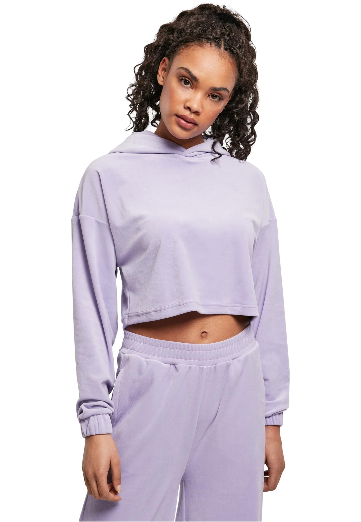 Urban Classics Women's Ladies Cropped Velvet Oversized Hoody Hooded Sweatshirt, Lavender, L