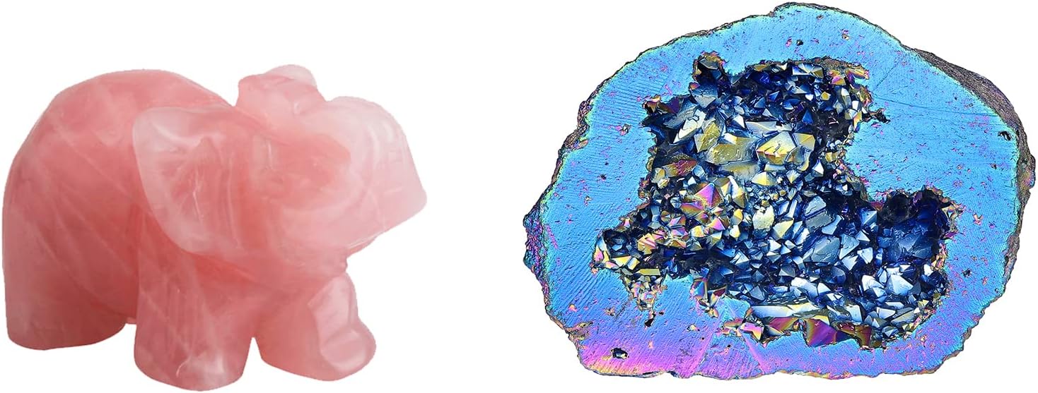 mookaitedecor Bundle - 2 Items: Rose Quartz Elephant Crystal Sculpture Statue & Angel Aura Quartz Geode Stone Titanium Coated Rock Crystal Cluster for Home Decoration