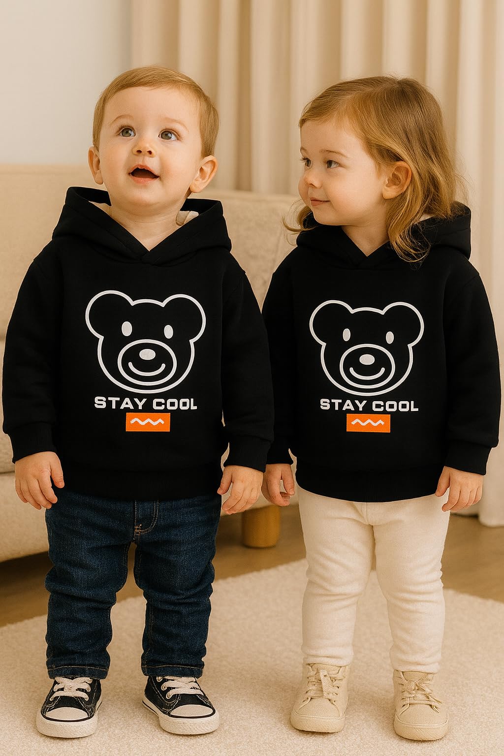 Bold N Elegant Cartoon Bear in Hood Print Kids Full Sleeve Warm Thick Fur Fleece Winter Tshirt Regular Fit Sweatshirt Hoodie for Infant Toddler Baby Boy & Girl (2-3 Years, Black) - Image 2 thumbnail