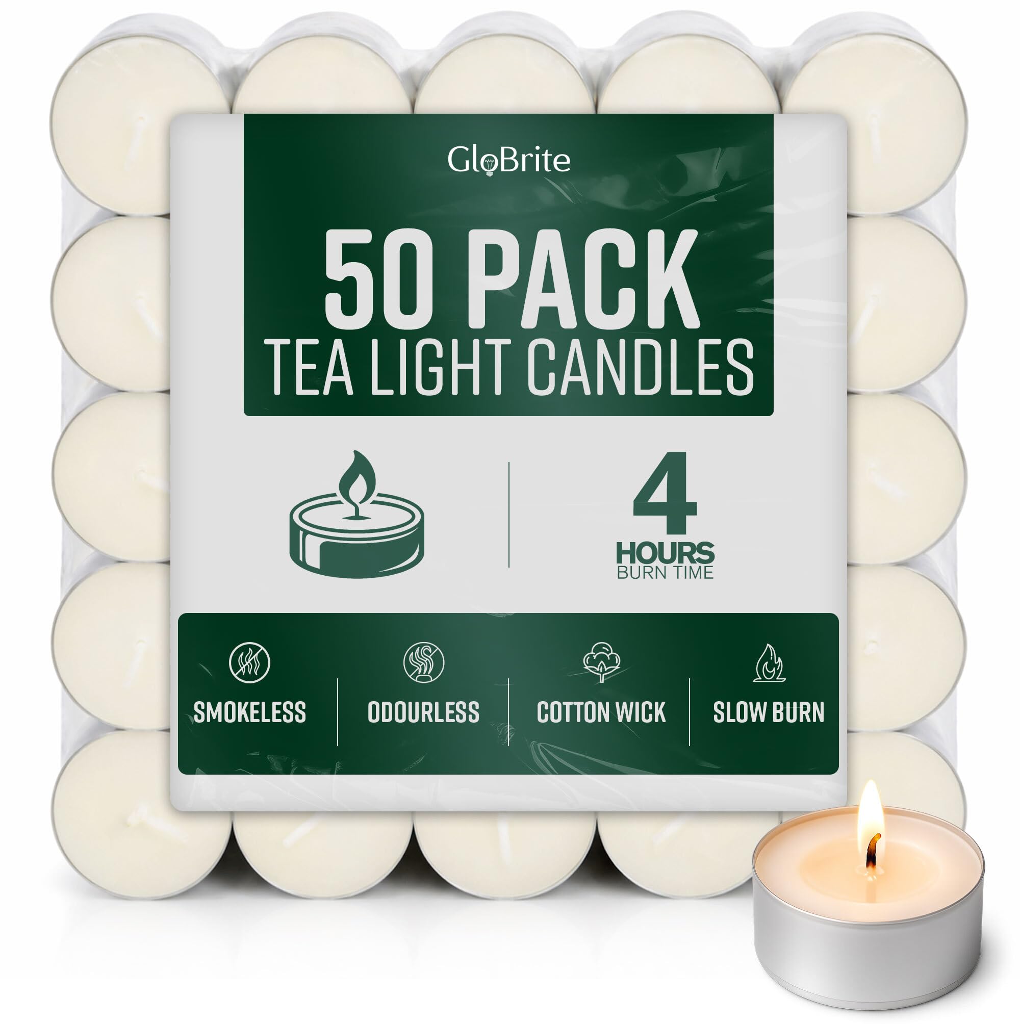 Globrite Unisex White 50 Pack Unscented Tea Lights - 4 Hour Burn Tealight Candles In