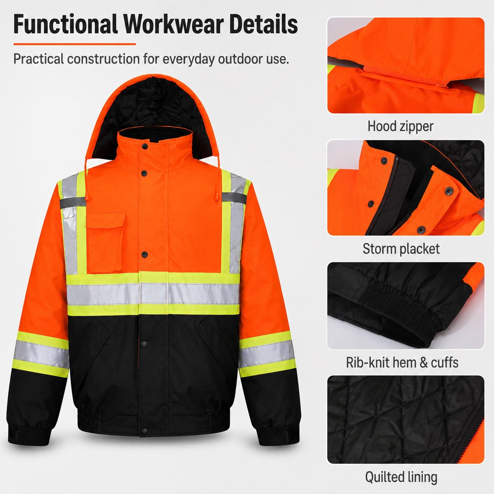 Chaqueta Impermeable De Alta Visibilidad Con Capucha Y Diseño Reflectante | Abrigo De Trabajo De Seguridad Cortavientos Con Relleno Grueso De Algodón, Tejido Oxford, Bolsillos, PUños(Yellow,L)