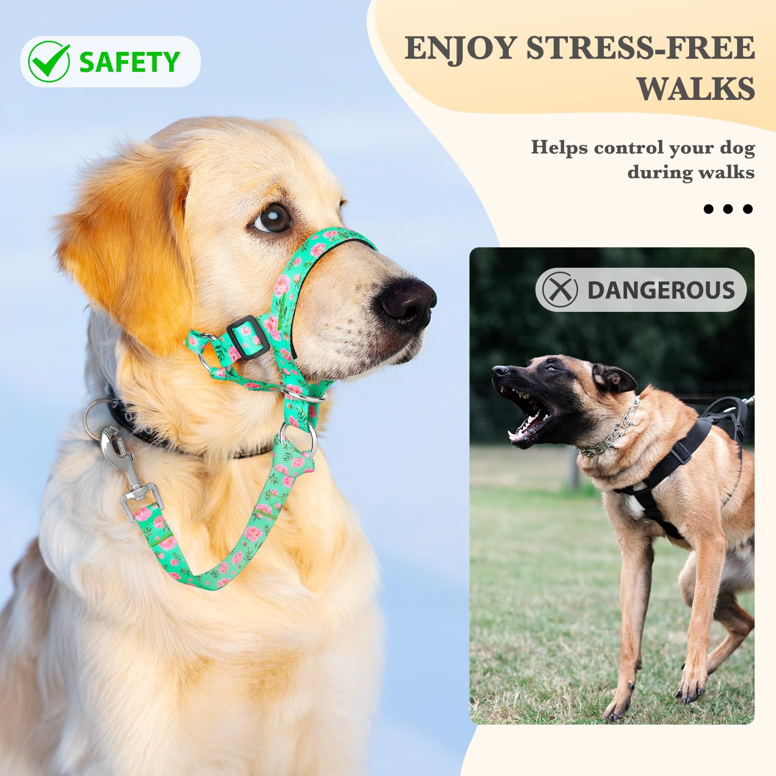 Collar de cabeza de perro sin tirones, cuello halter antitirones para perros medianos, diseño acolchado ajustable para dejar de tirar de la correa, fácil control de entrenamiento para caminar