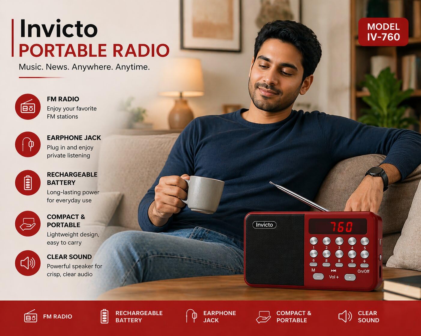 Invicto Pocket Blast FM Radio with Bluetooth Speaker with Powerful Sound,FM Recording, Antenna, 5w-12 Hours (USB Charging) and Number Pad (AUX, SD Card, USB Input) (FM Radio Speaker) Type-C — Amazon image 3