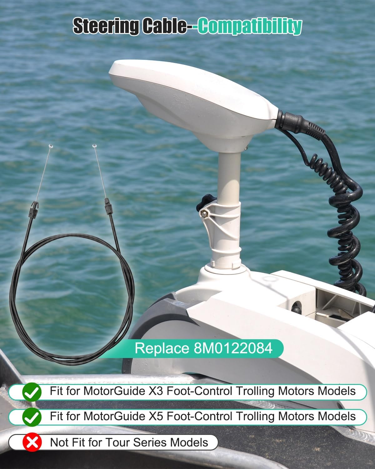 Steering Cable Set Fit for MotorGuide X3 X5 Foot Control Trolling Motors | Replace 8M0122084, One Long and One Short Cable