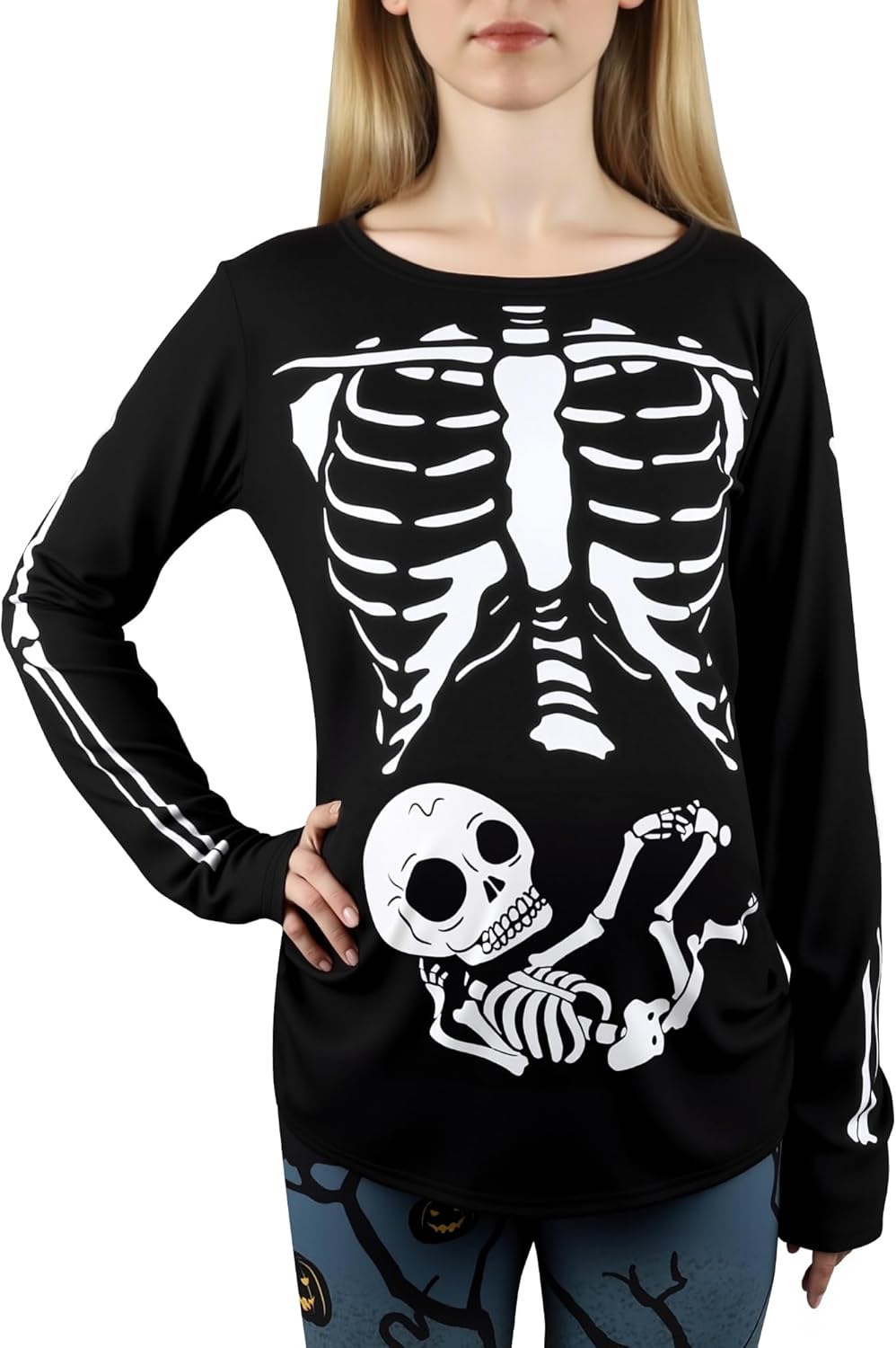 Halloween Skeleton Maternity Shirt Women's Novelty Long Sleeve Pumpkin T Shirts Skeletons Baby Pregnancy Tops S-XXL