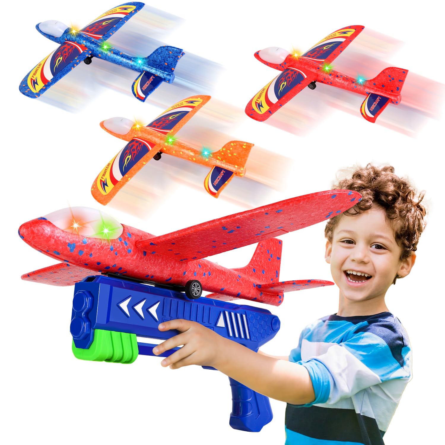 Airplane Launcher Toy,3 Pack LED Foam Glider Catapult Plane Toy for Boys,2 Flight Modes Indoor Outdoor Flying Toys Birthday Gifts for Boys Girls 3 4 5 6 7 8 9 10 11 12 Year Old