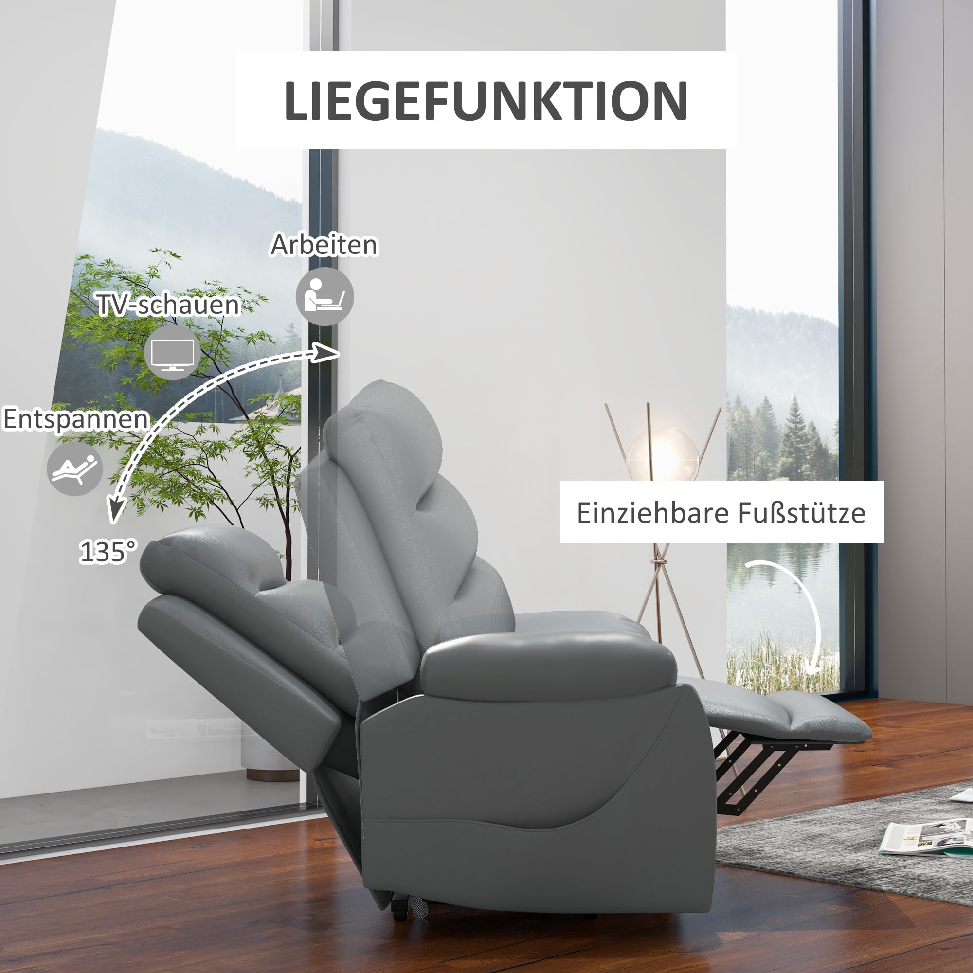 HOMCOM Poltrona Alzapersona Reclinabile fino a 135° e Imbottita con 8 Punti Massaggianti, Telecomando e Poggiapiedi, 91x86x101 cm, Grigio