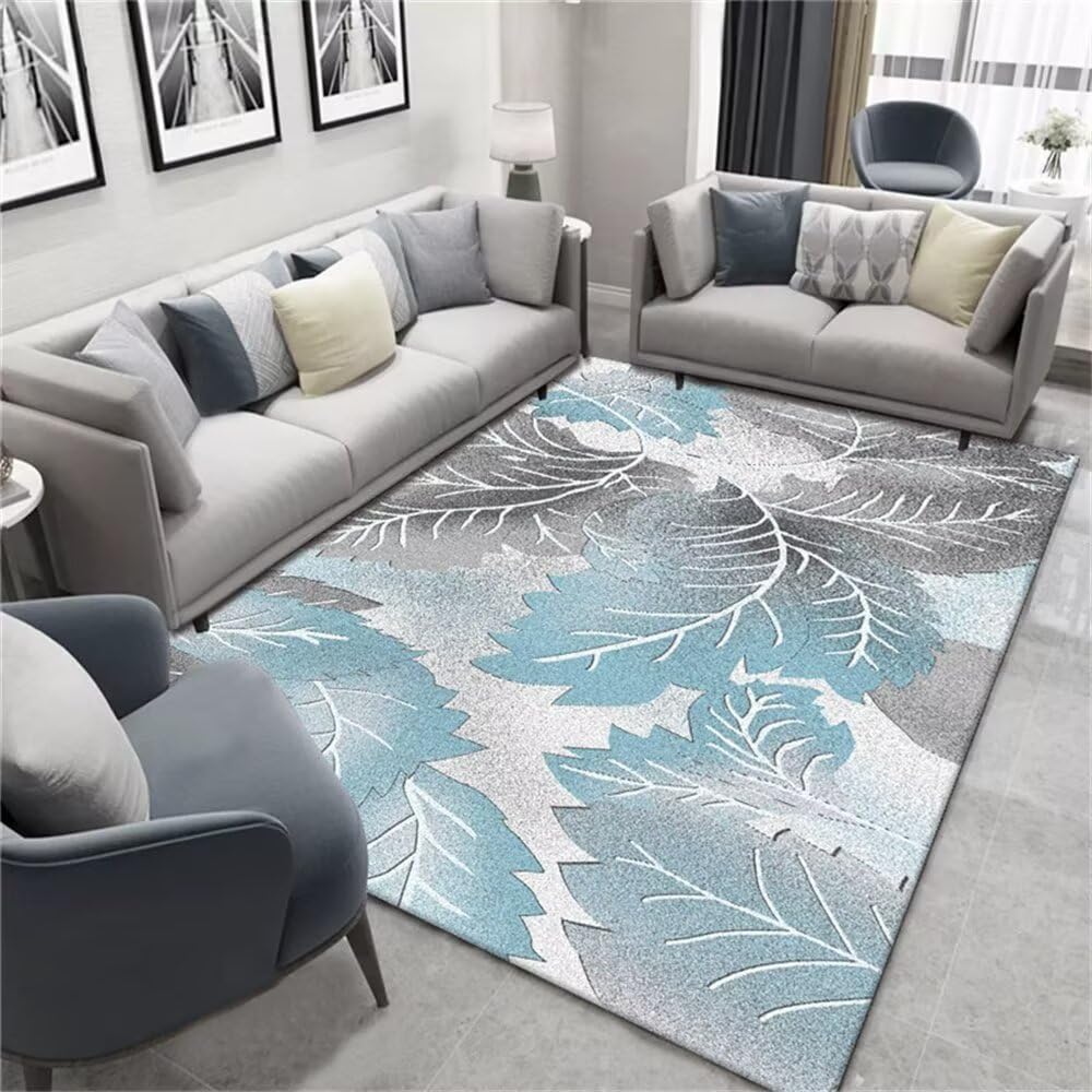 Tapis de salon extérieur abrité bleu imprimé végétal pour terrasse