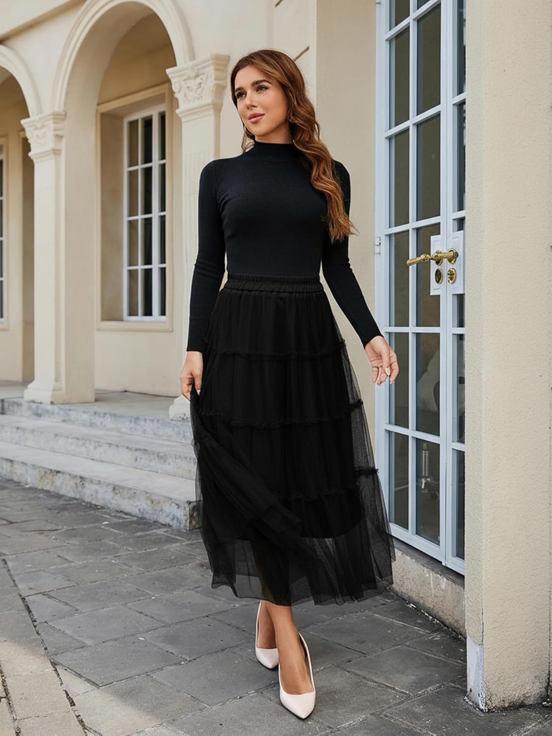 Tulle Skirts for Women 2025 Fall Fashion Elastic High Waisted Fairy Tiered Flowy A-Line Casual Maxi Long Skirt - Image 6