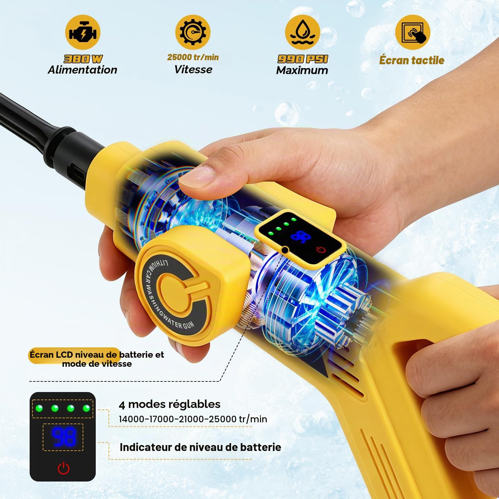 Nettoyeur haute pression sans fil pour Dewalt 18 V 20 V, 25 000 tr/min, nettoyeur de voiture portable sans balais avec écran LCD et 4 niveaux de vitesse pour nettoyer les sols, clôtures et murs (jaune